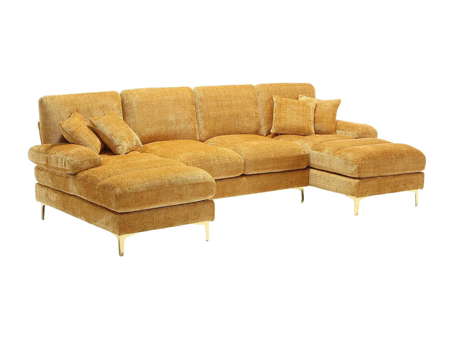 Canapé 4 places, chenille jaune, Canapé rembourré avec coussins et coussins décoratifs - pour salon et chambre