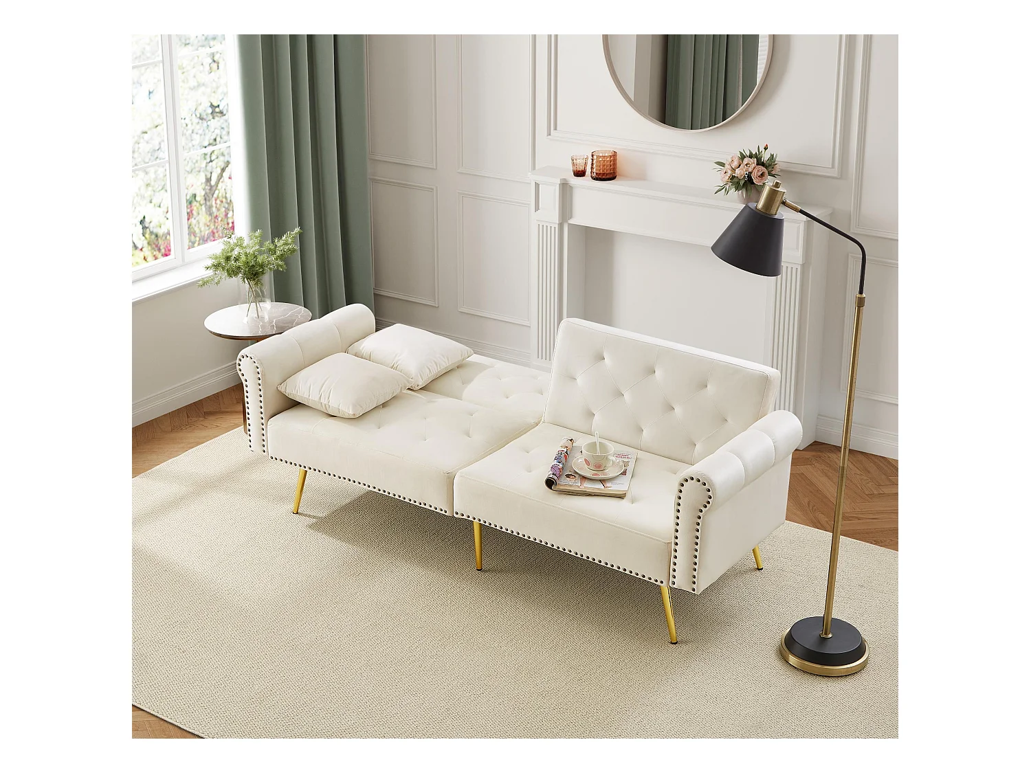 2-zitsbank, beige fluweel, met 3-standen verstelbare rugleuning, gouden poten, voor woonkamer en kantoor