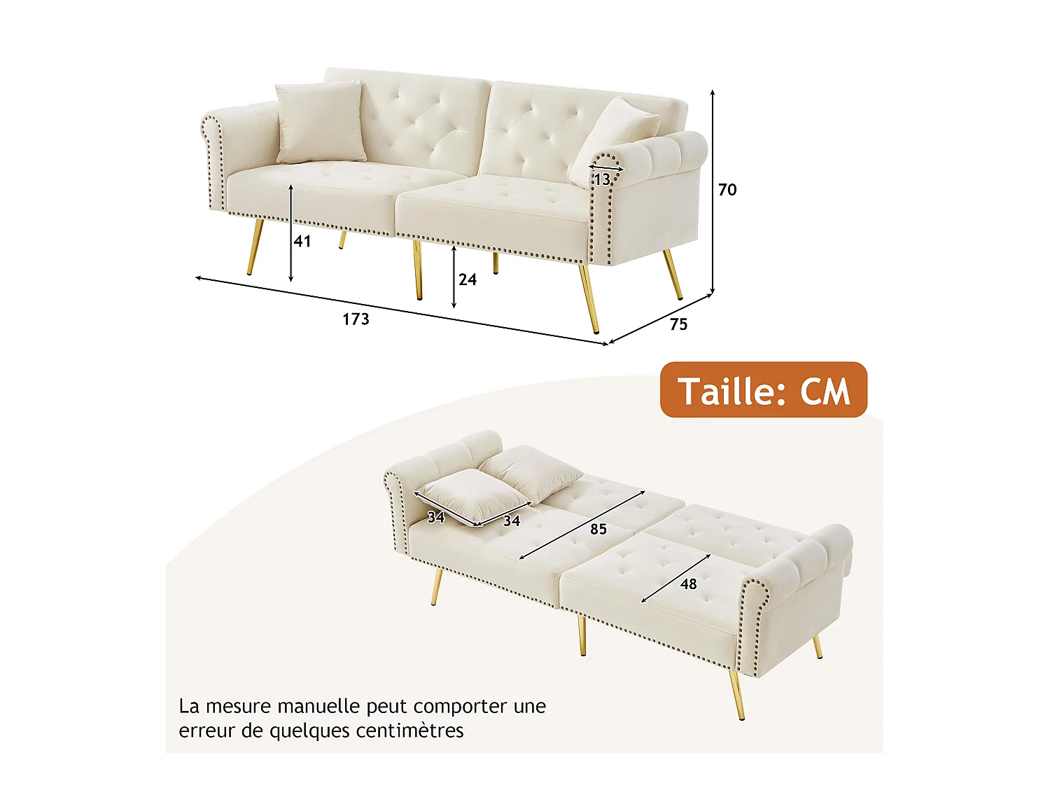 2-zitsbank, beige fluweel, met 3-standen verstelbare rugleuning, gouden poten, voor woonkamer en kantoor