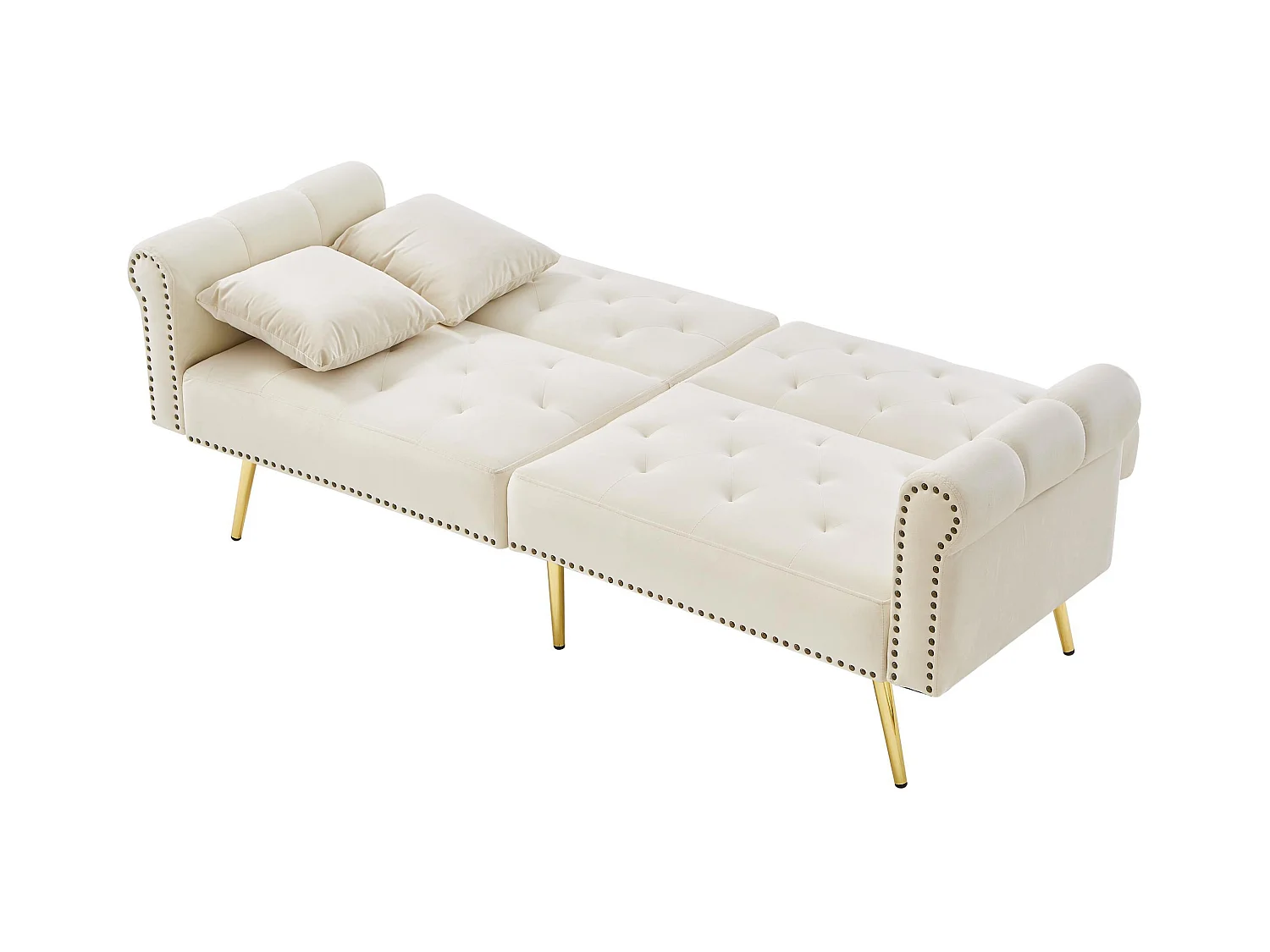 2-zitsbank, beige fluweel, met 3-standen verstelbare rugleuning, gouden poten, voor woonkamer en kantoor