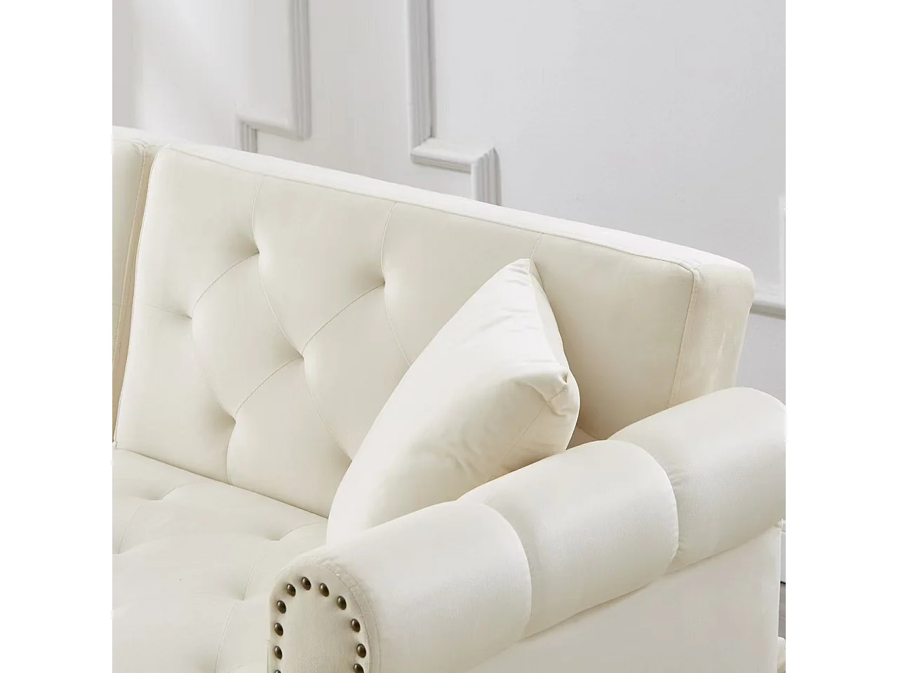 Canapé 2 places, velours beige, avec dossier inclinable 3 positions, pieds dorés, pour salon et bureau