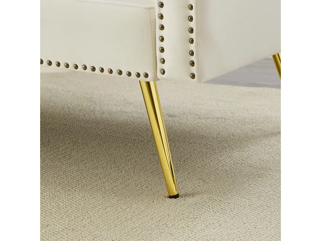 Canapé 2 places, velours beige, avec dossier inclinable 3 positions, pieds dorés, pour salon et bureau