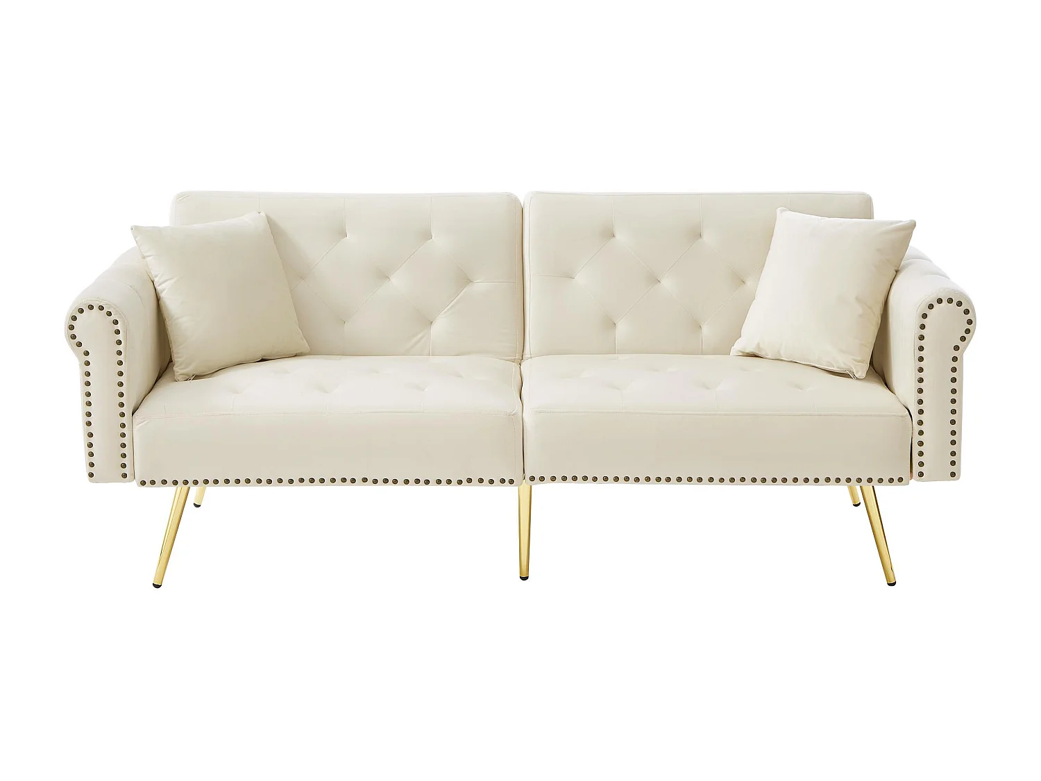 Canapé 2 places, velours beige, avec dossier inclinable 3 positions, pieds dorés, pour salon et bureau