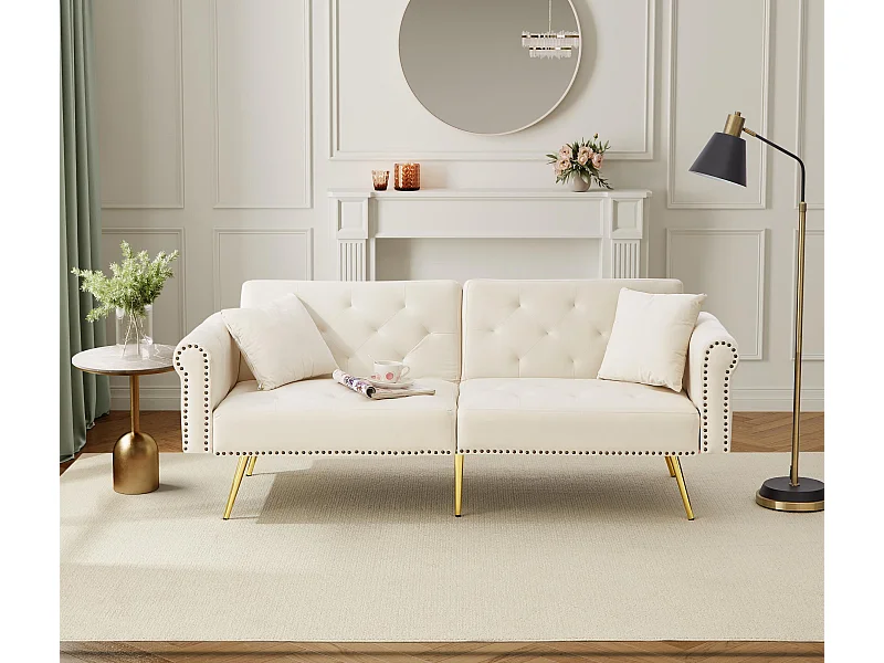 2-zitsbank, beige fluweel, met 3-standen verstelbare rugleuning, gouden poten, voor woonkamer en kantoor