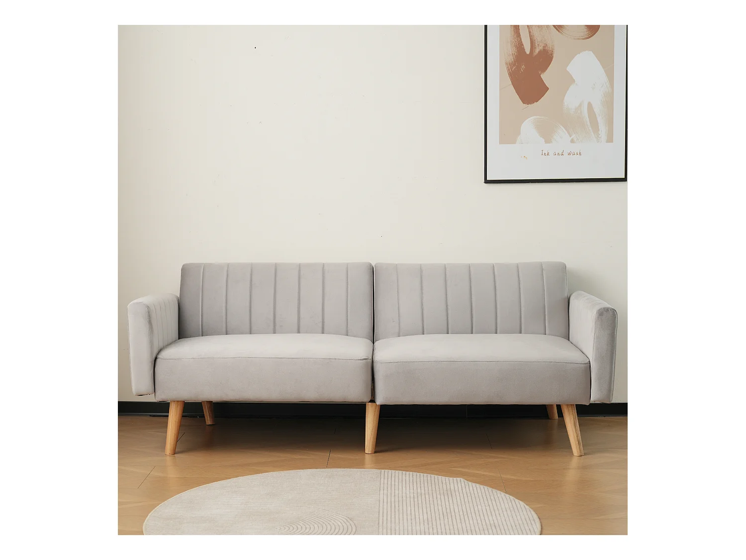 Sofa 2-osobowa z regulowanym oparciem, jasnoszary aksamit, drewniane nogi – do salonu, kawalerki, sypialni