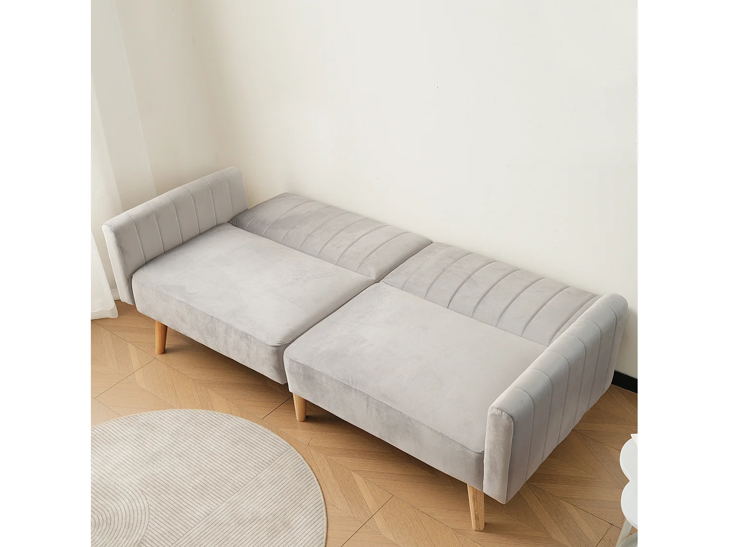 Divano a 2 posti con schienale regolabile, velluto grigio chiaro, gambe in legno - per soggiorno, studio, camera da letto