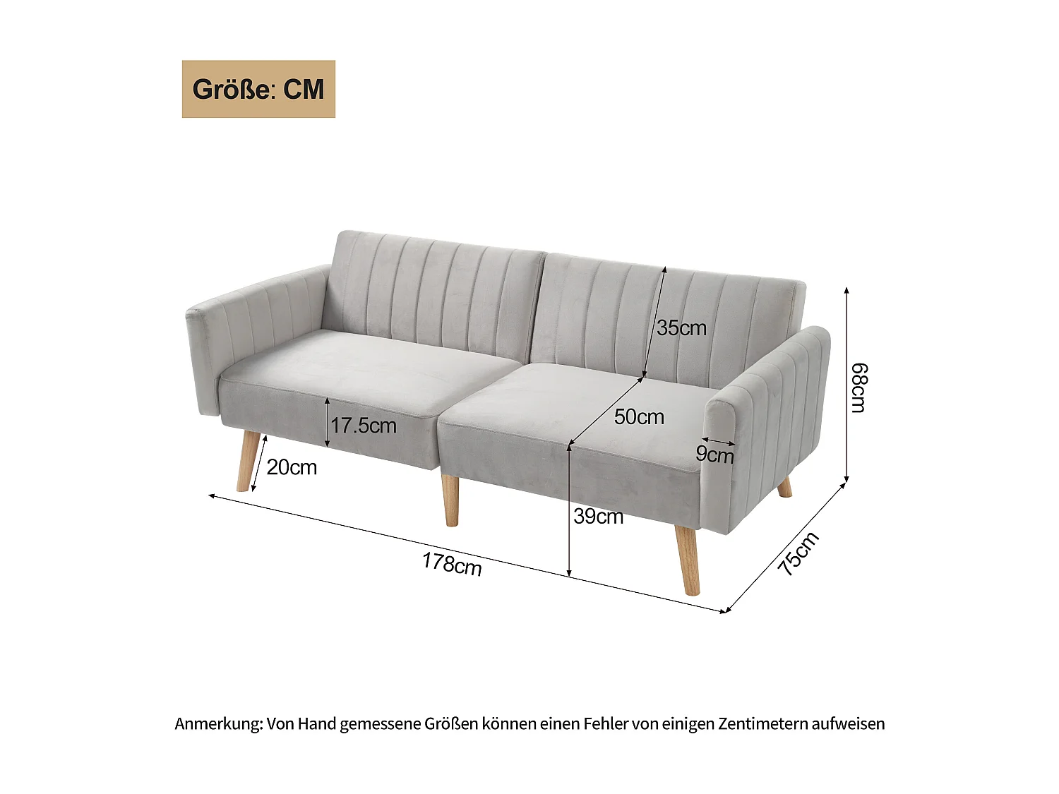 Divano a 2 posti con schienale regolabile, velluto grigio chiaro, gambe in legno - per soggiorno, studio, camera da letto