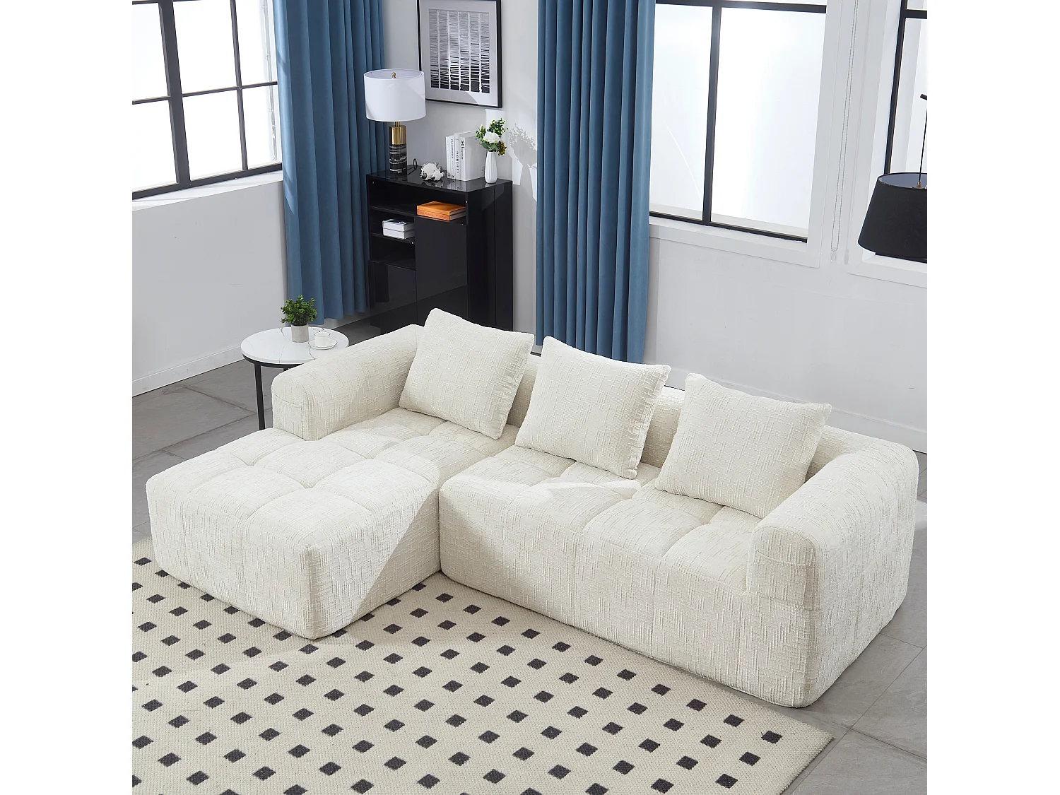L-förmiges Sofa, beigefarbenes Chenille-Dreisitzer-Sofa mit Armlehnen und Kissen, für Wohnzimmer und Büro