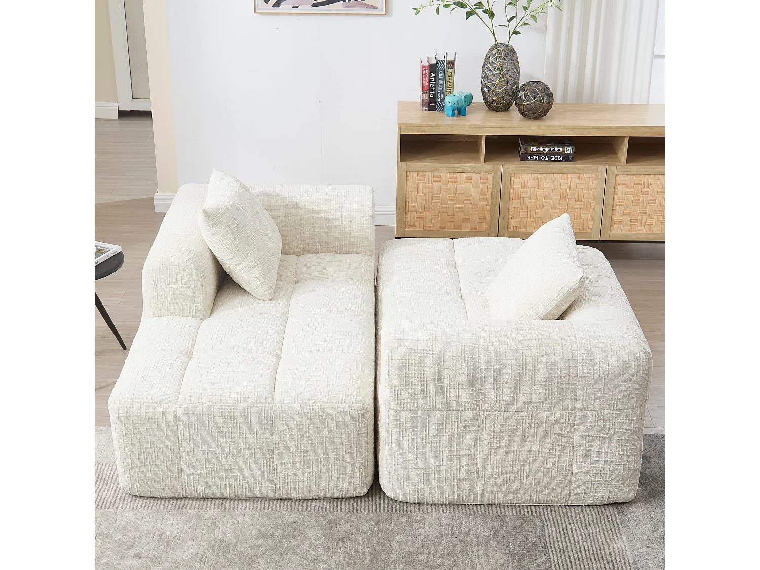 L-förmiges Sofa, beigefarbenes Chenille-Dreisitzer-Sofa mit Armlehnen und Kissen, für Wohnzimmer und Büro