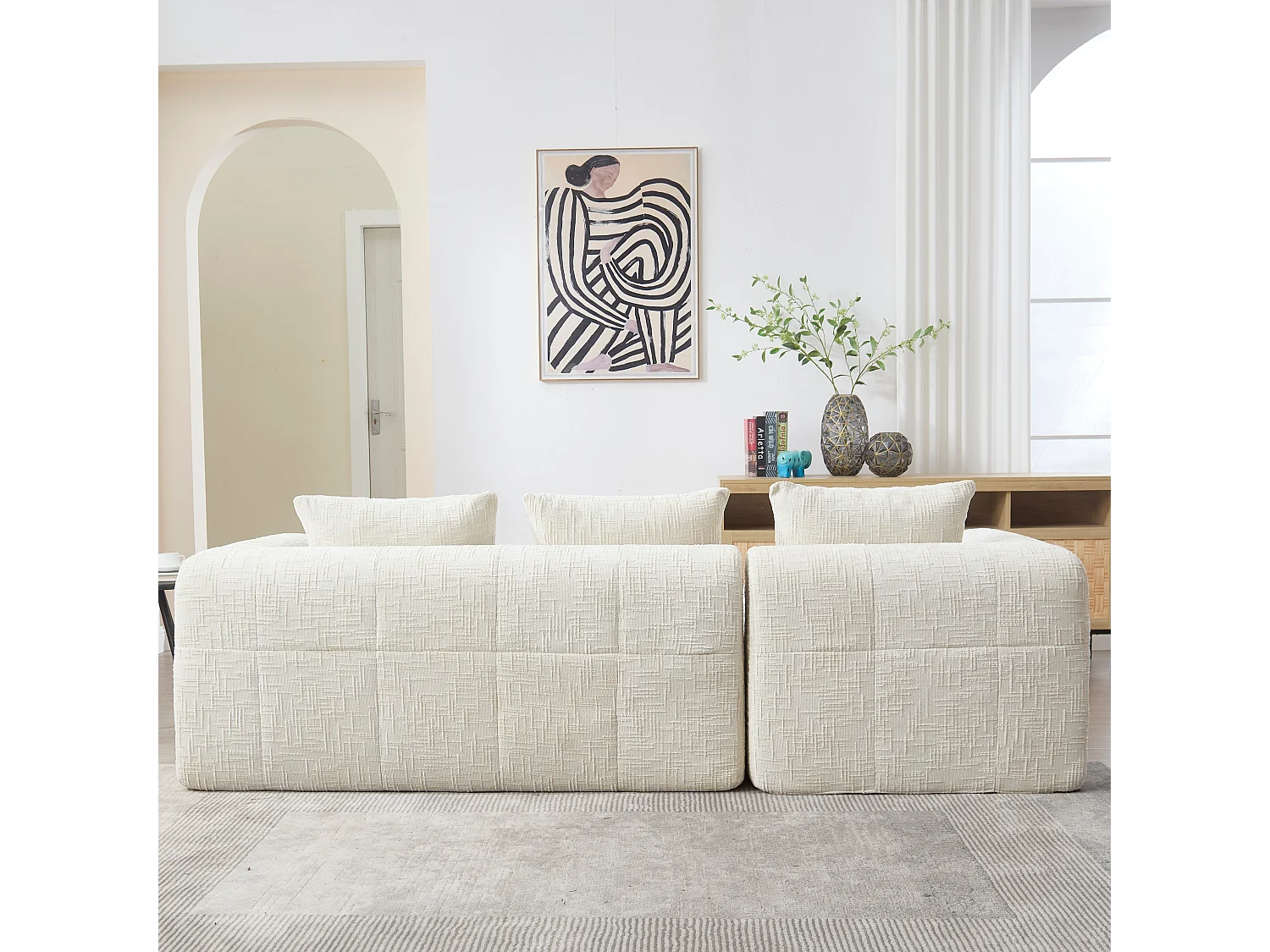 L-förmiges Sofa, beigefarbenes Chenille-Dreisitzer-Sofa mit Armlehnen und Kissen, für Wohnzimmer und Büro