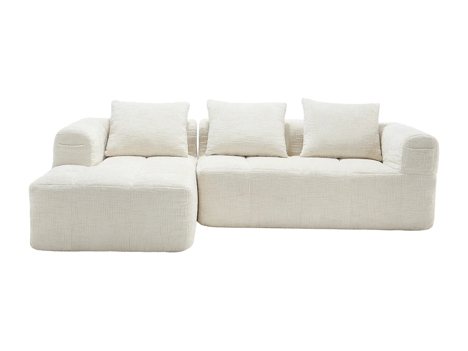 L-förmiges Sofa, beigefarbenes Chenille-Dreisitzer-Sofa mit Armlehnen und Kissen, für Wohnzimmer und Büro