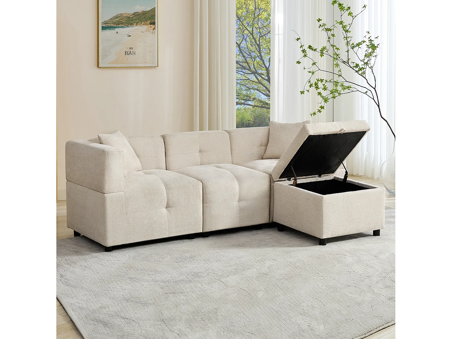 Narożnik z pufem ze schowkiem - beżowy szenil - ergonomiczne, wyściełane oparcie, do salonu lub biura