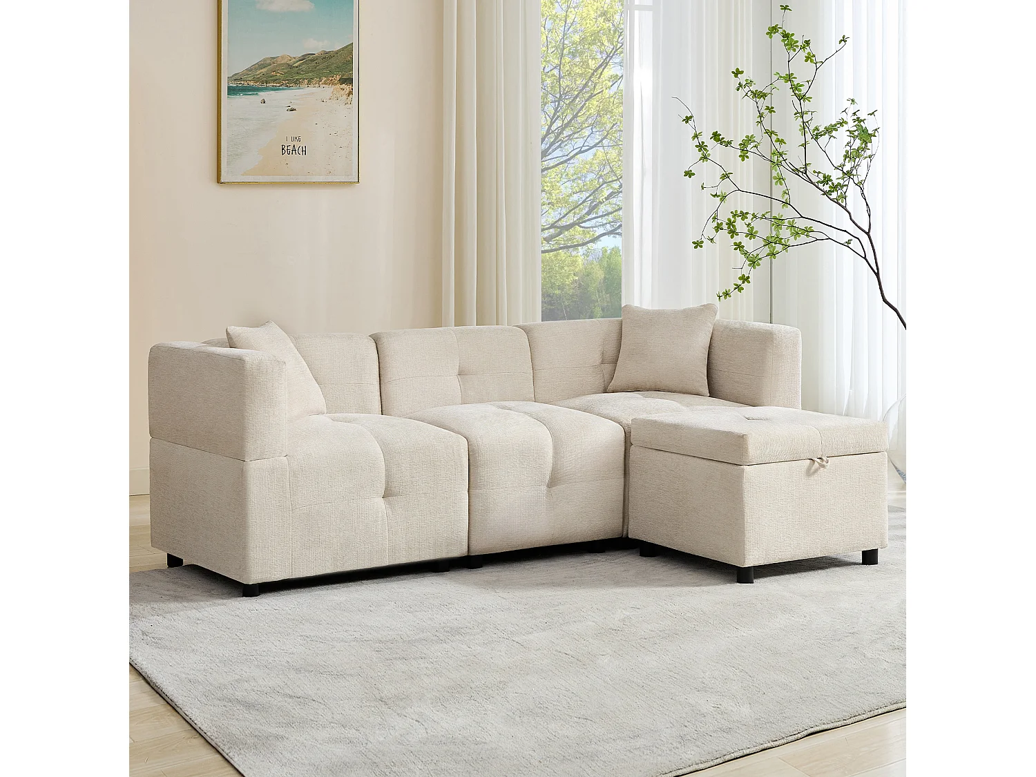 Narożnik z pufem ze schowkiem - beżowy szenil - ergonomiczne, wyściełane oparcie, do salonu lub biura