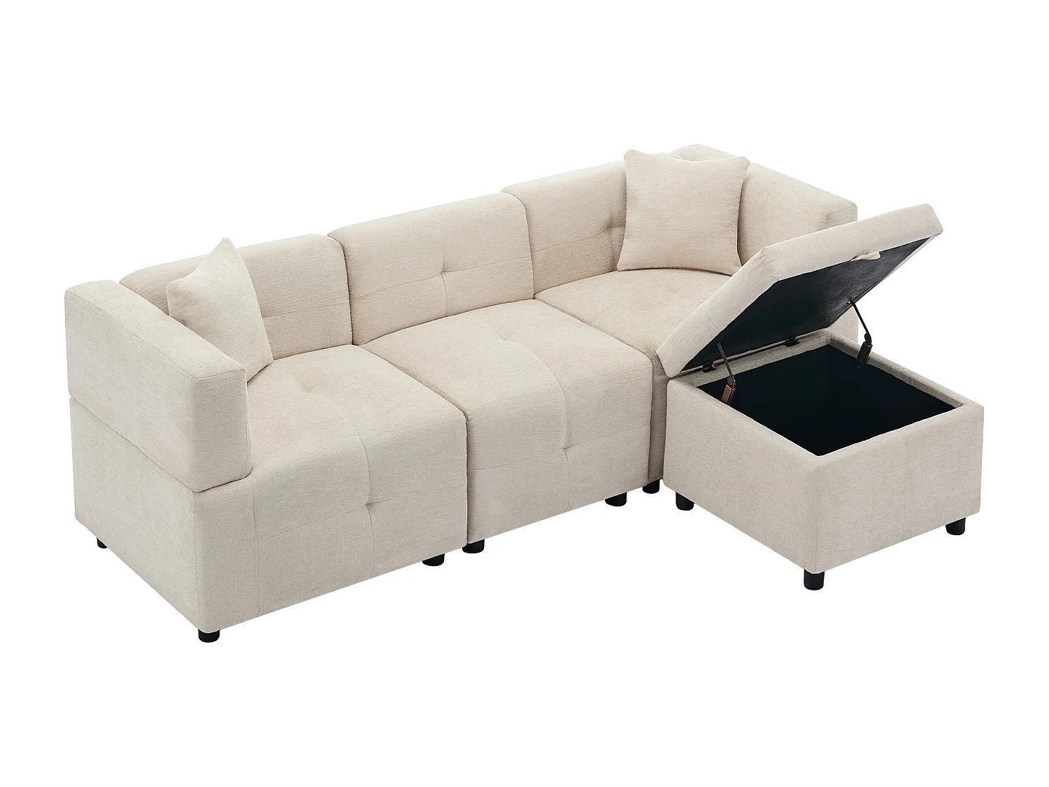 Narożnik z pufem ze schowkiem - beżowy szenil - ergonomiczne, wyściełane oparcie, do salonu lub biura