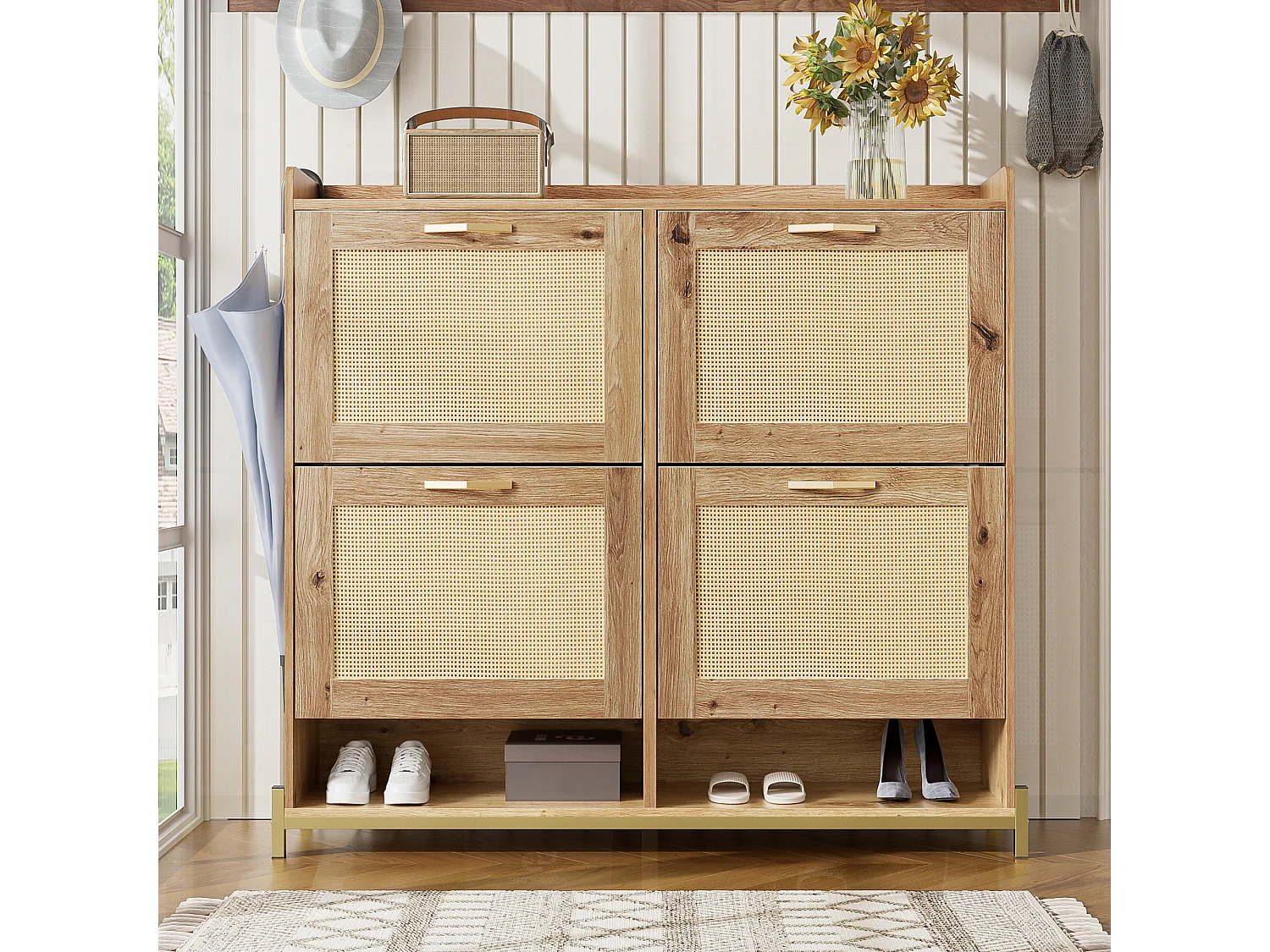 Compacte schoenenkast met 4 deuren van hout en rotan - met plank - metalen frame - voor hal, gang of kleine ruimte
