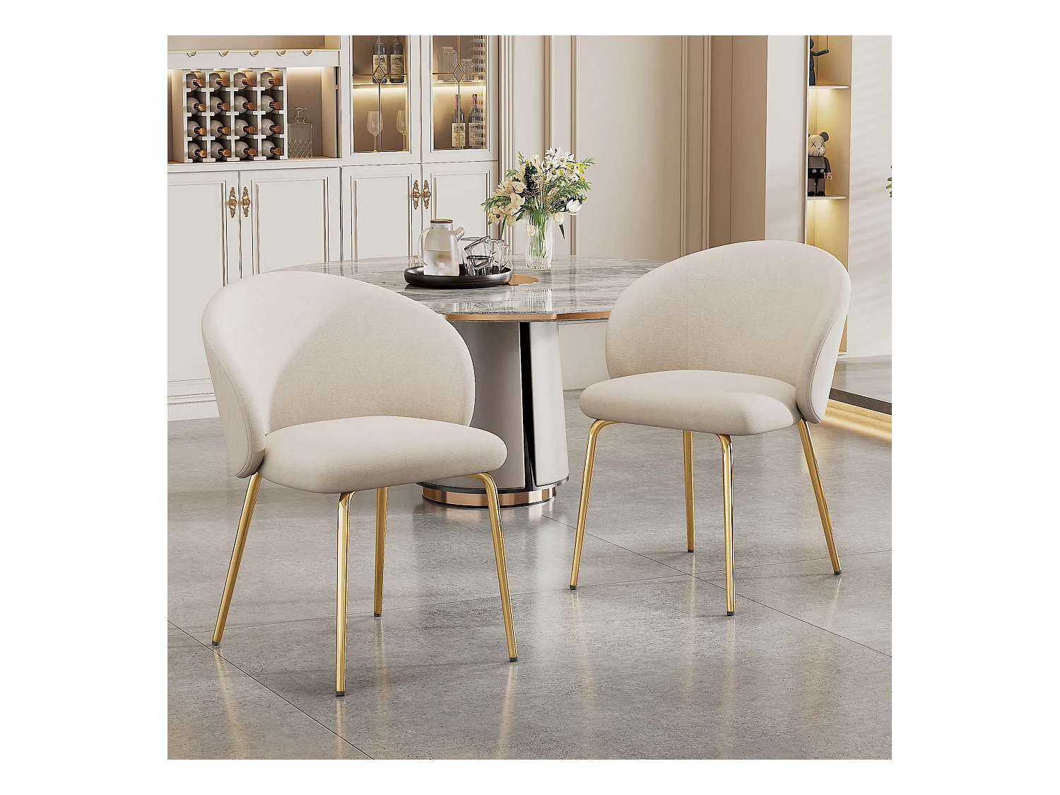 Lot de 2 chaises de salle à manger, velours beige, chaise rembourrée avec accoudoirs et pieds en métal doré