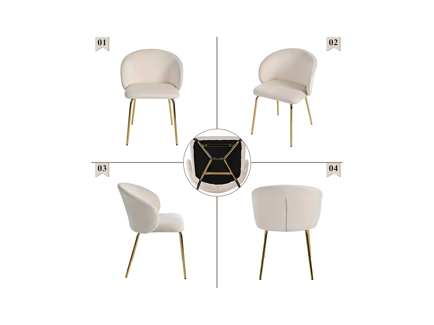 Lot de 2 chaises de salle à manger, velours beige, chaise rembourrée avec accoudoirs et pieds en métal doré
