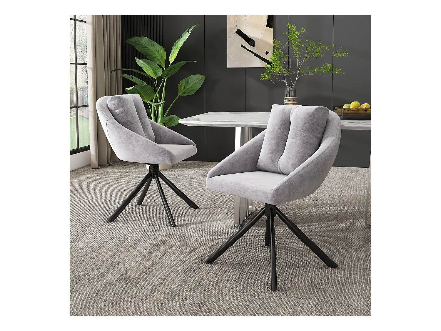 Lot de 2 chaises de salle à manger pivotantes, velours gris, chaise avec dossier rembourré, pieds en métal noir