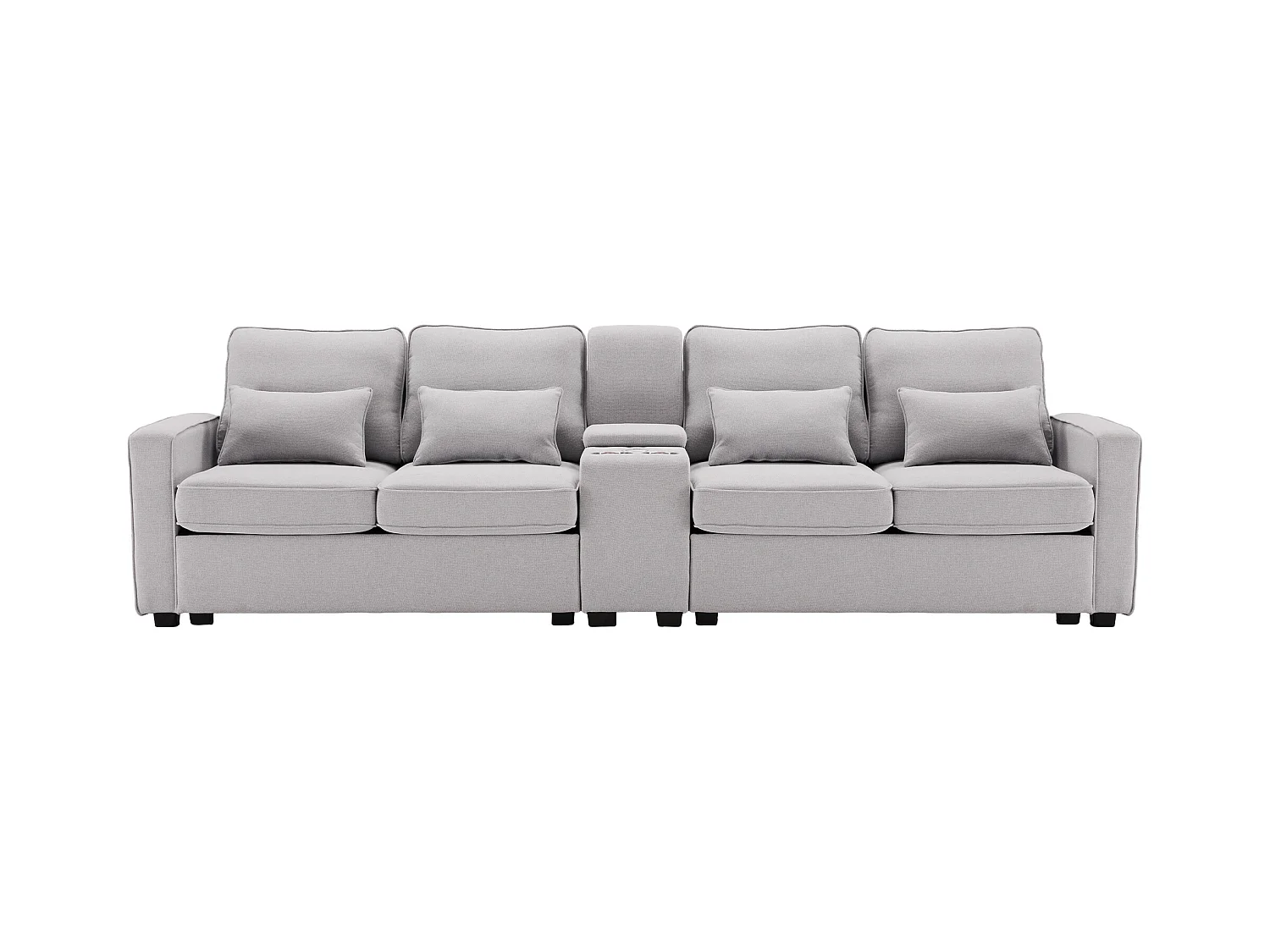 Jasnoszara, lniana sofa 4-osobowa z portami USB, stolikiem konsolowym i uchwytami na kubki – z poduszkami i podłokietnikami, do salonu lub biura