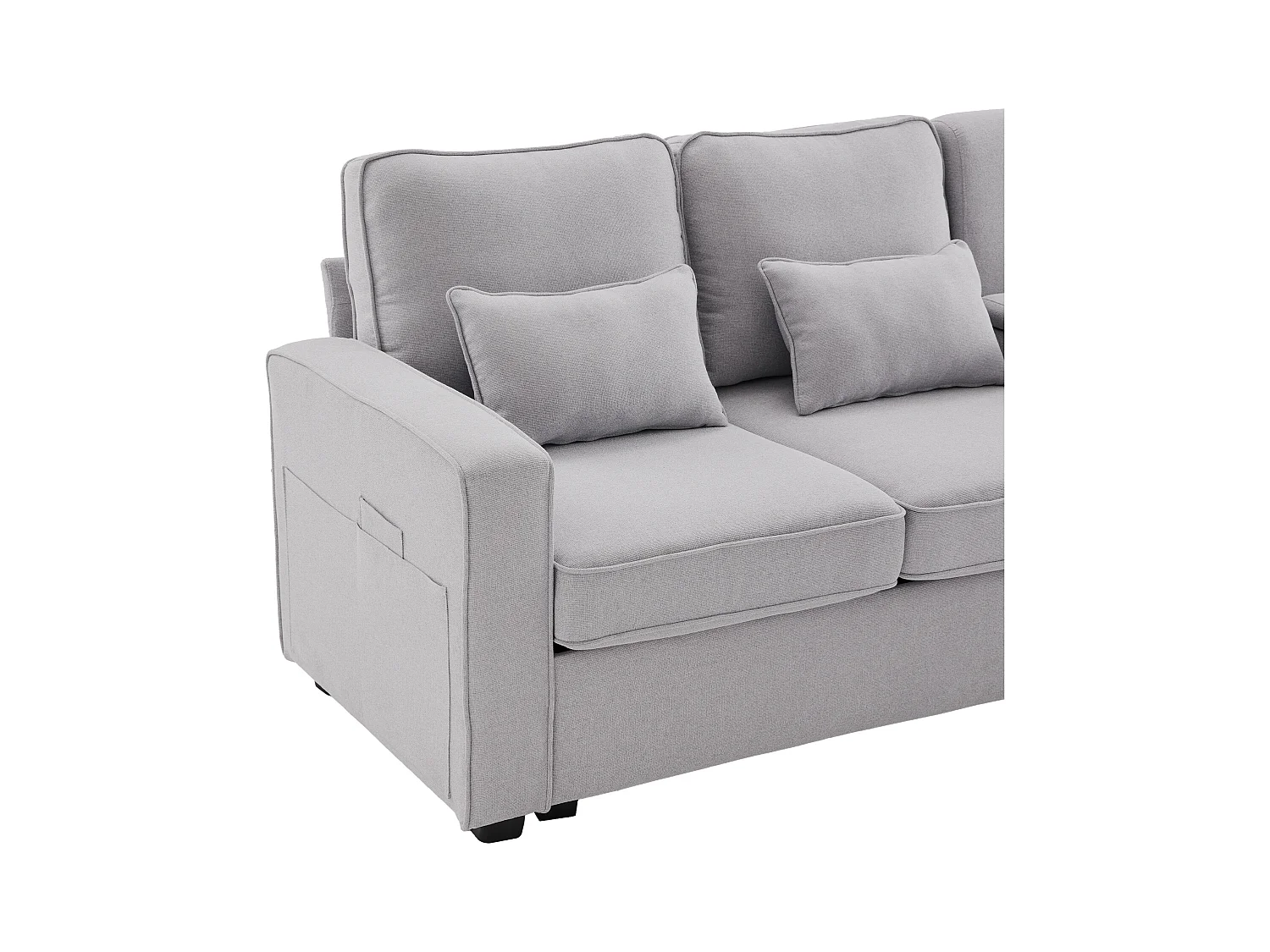 Jasnoszara, lniana sofa 4-osobowa z portami USB, stolikiem konsolowym i uchwytami na kubki – z poduszkami i podłokietnikami, do salonu lub biura