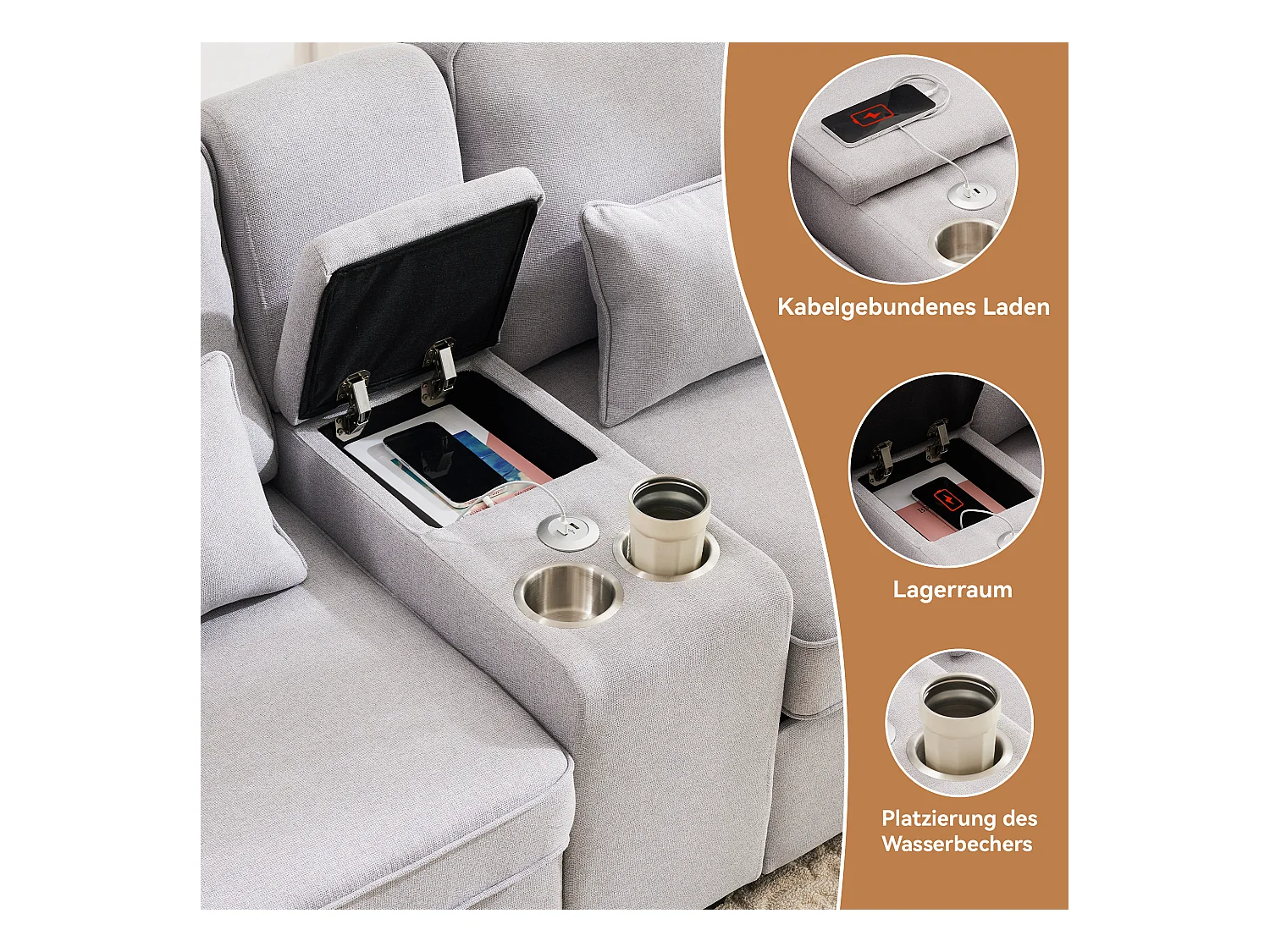 Jasnoszara, lniana sofa 4-osobowa z portami USB, stolikiem konsolowym i uchwytami na kubki – z poduszkami i podłokietnikami, do salonu lub biura