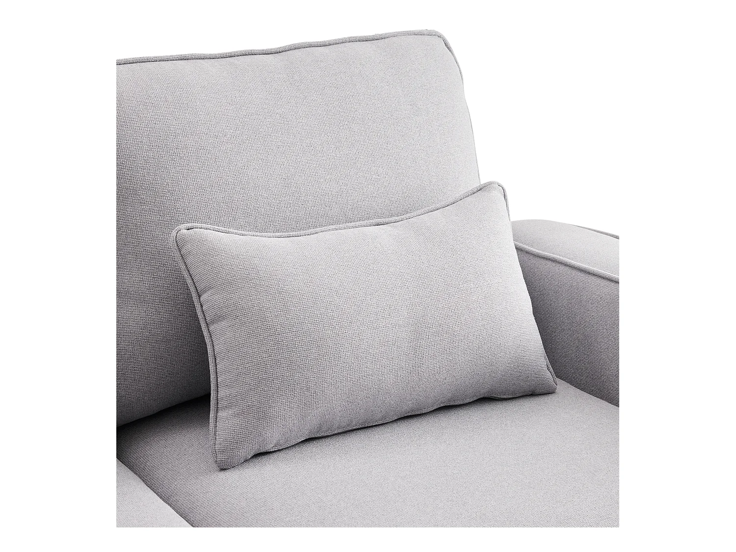 Jasnoszara, lniana sofa 4-osobowa z portami USB, stolikiem konsolowym i uchwytami na kubki – z poduszkami i podłokietnikami, do salonu lub biura