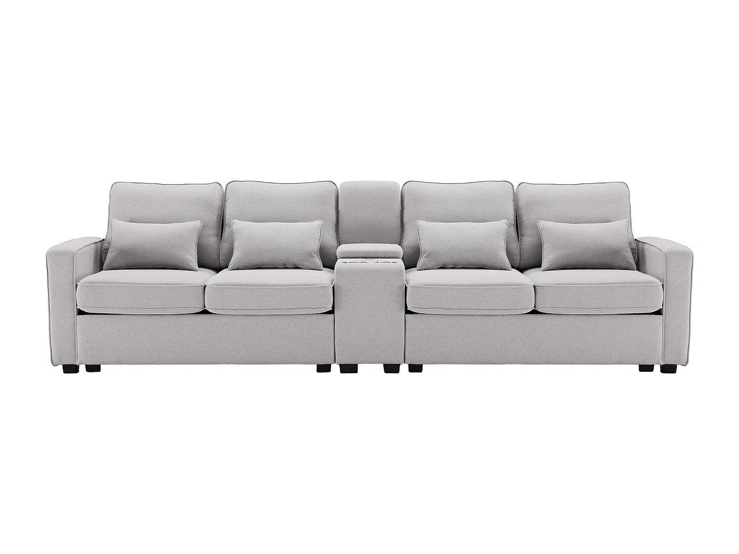 Divano a 4 posti in lino grigio chiaro con porte USB, consolle e portabicchieri - Con cuscini e braccioli, per soggiorno o ufficio