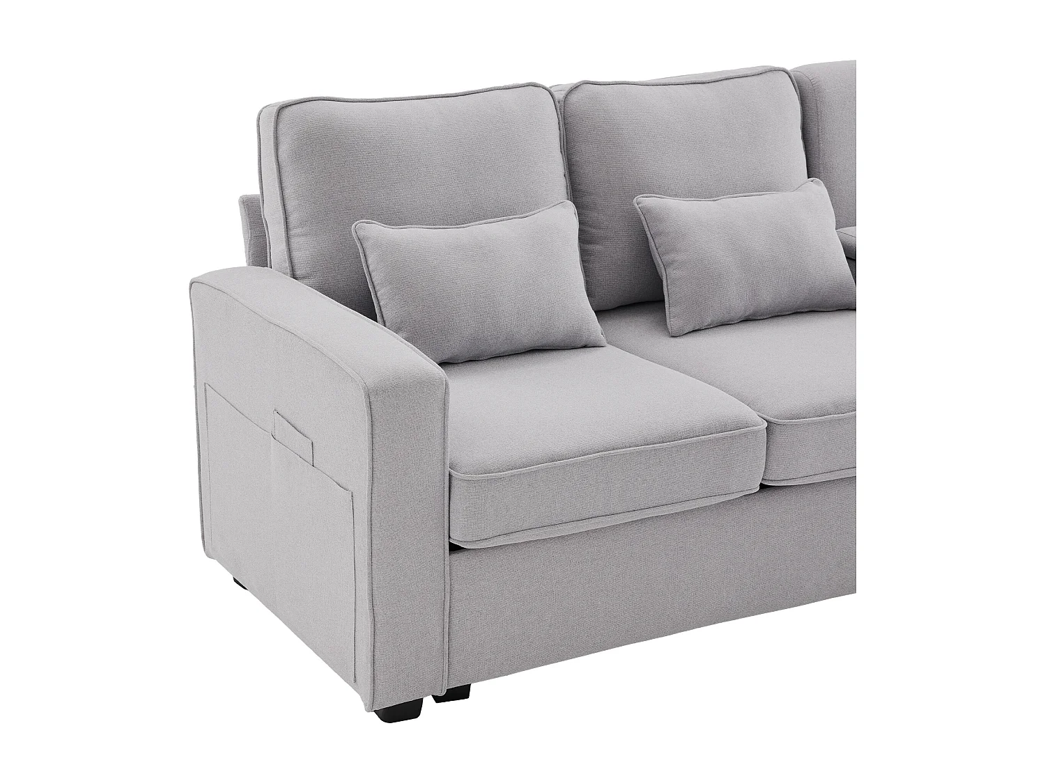 Divano a 4 posti in lino grigio chiaro con porte USB, consolle e portabicchieri - Con cuscini e braccioli, per soggiorno o ufficio