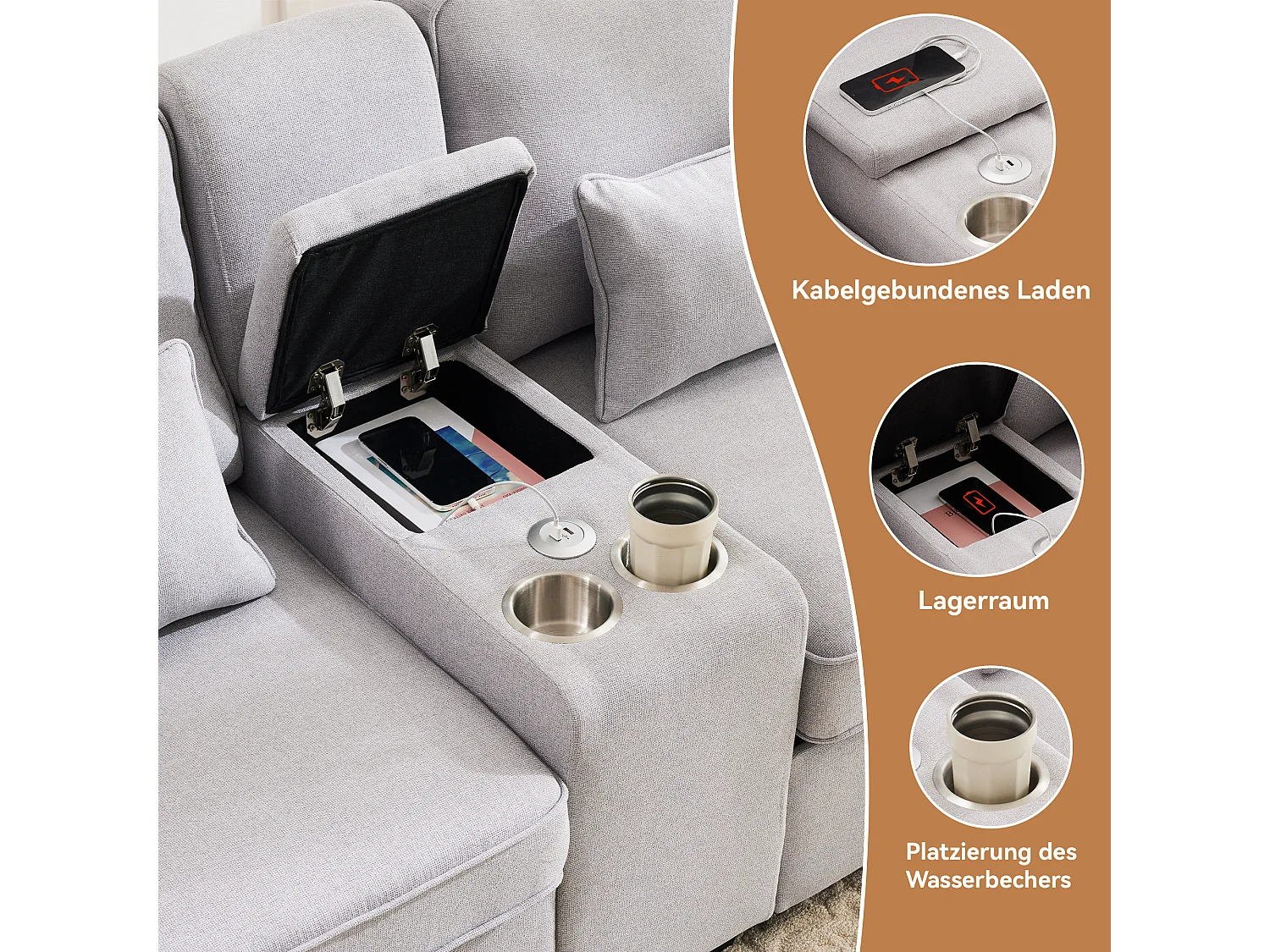 Divano a 4 posti in lino grigio chiaro con porte USB, consolle e portabicchieri - Con cuscini e braccioli, per soggiorno o ufficio