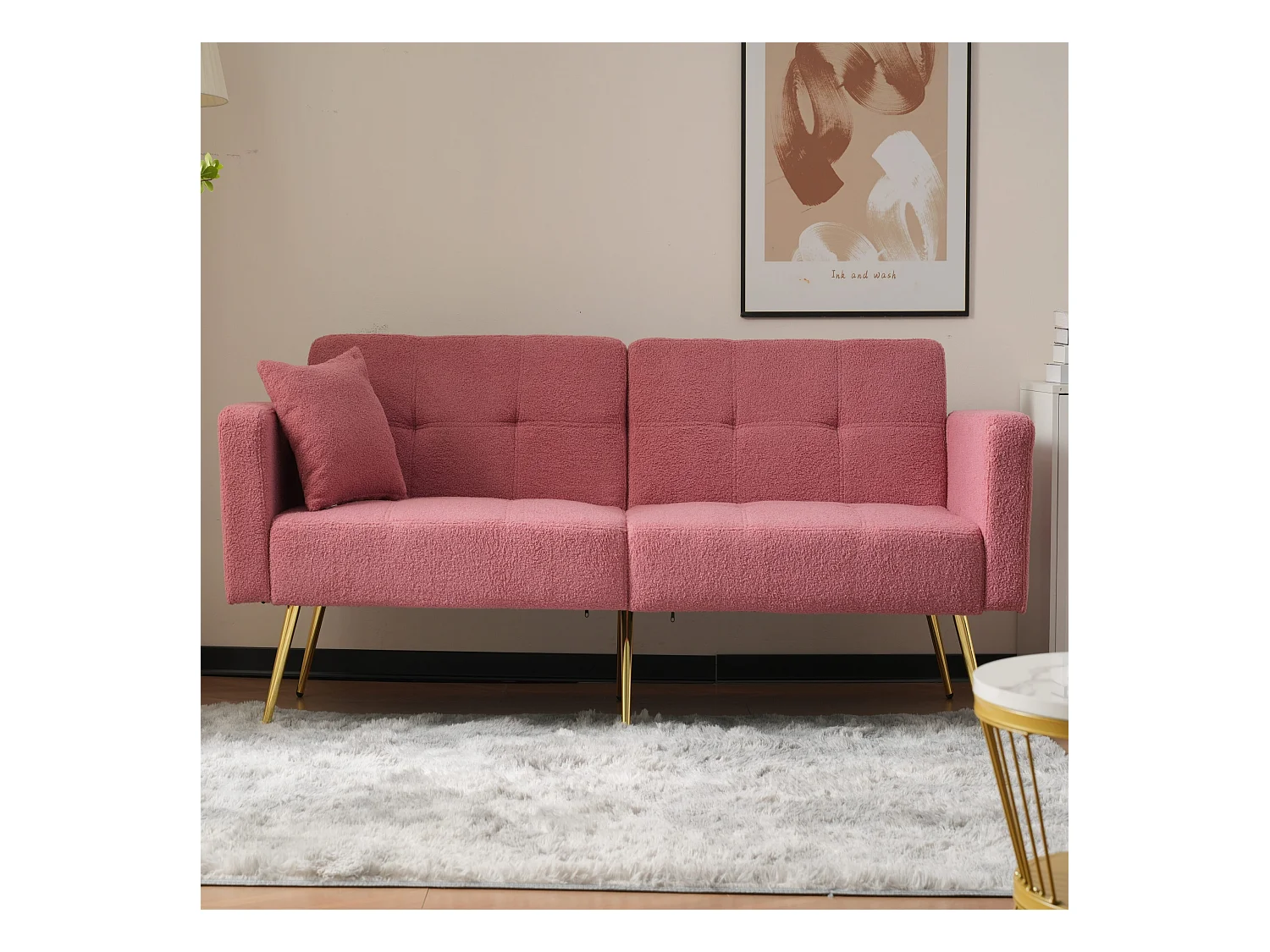 Canapé 2 places, peluche rose, avec dossier rembourré réglable, pieds dorés