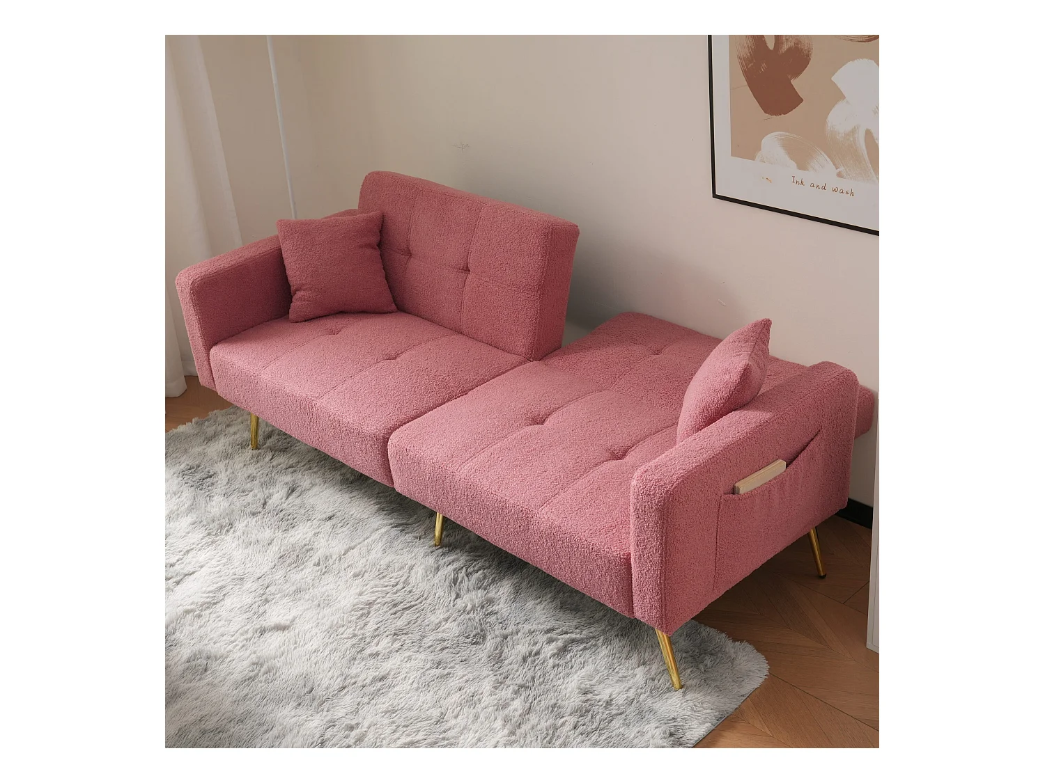 Canapé 2 places, peluche rose, avec dossier rembourré réglable, pieds dorés