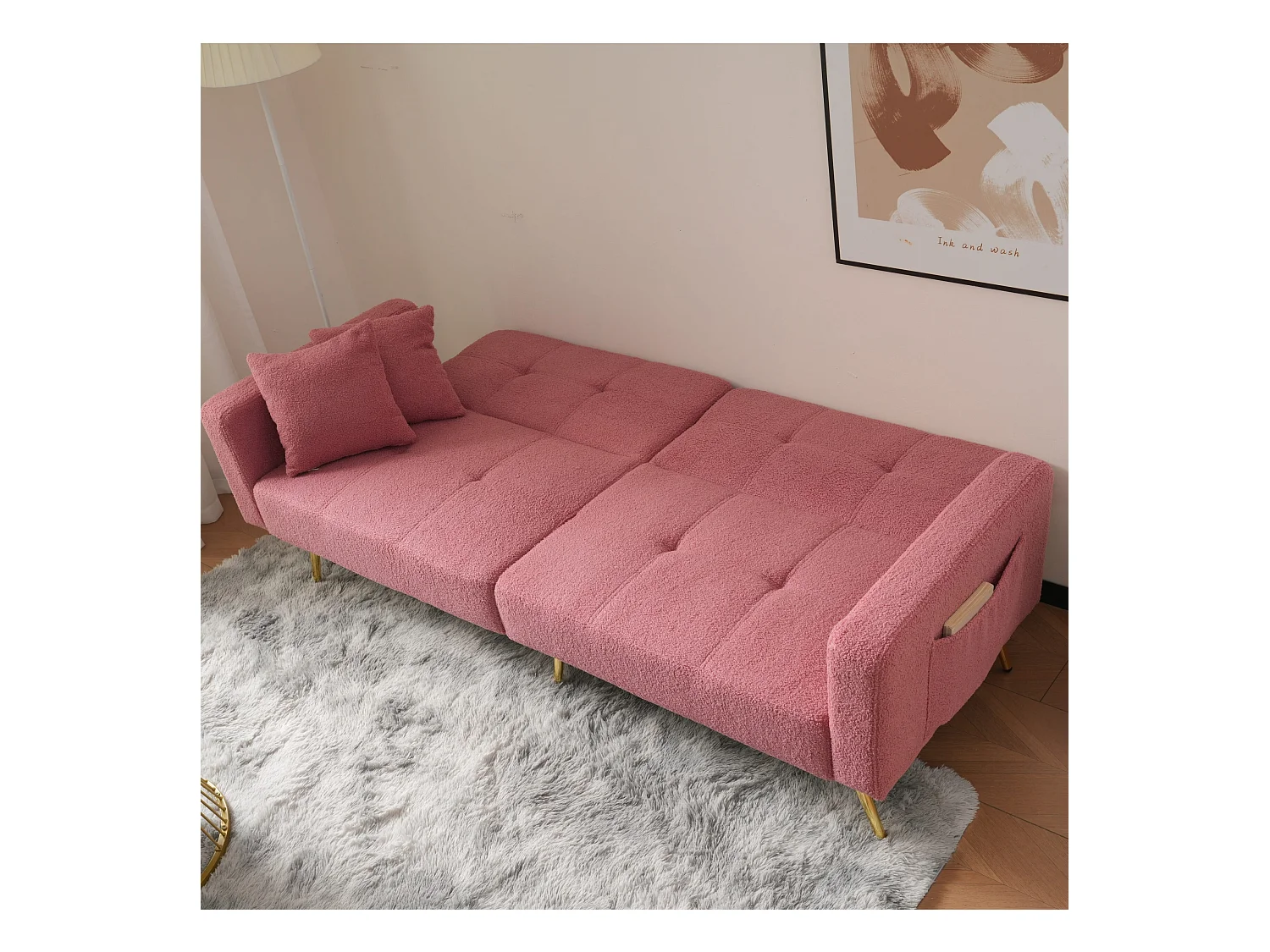 Canapé 2 places, peluche rose, avec dossier rembourré réglable, pieds dorés