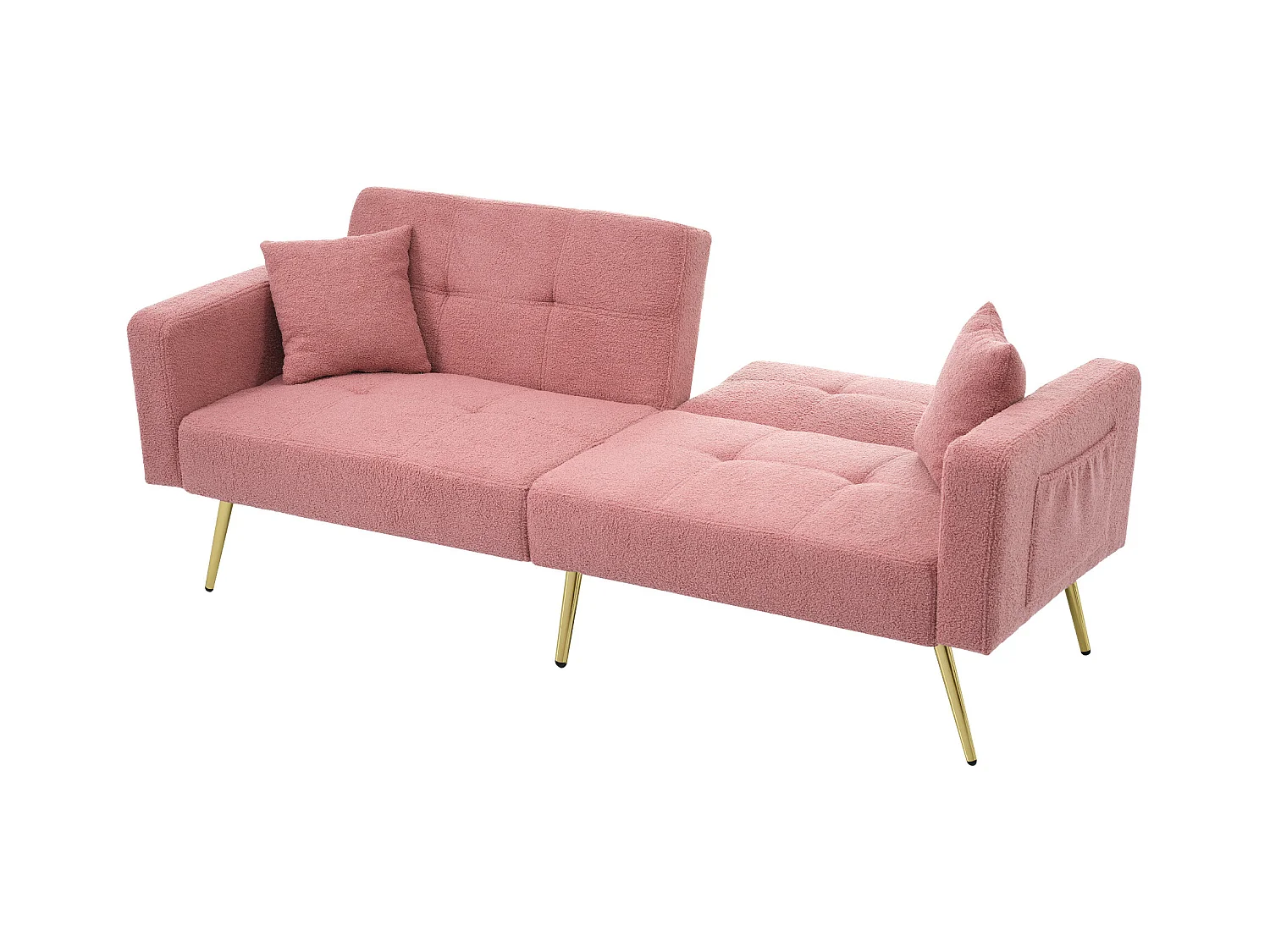 Canapé 2 places, peluche rose, avec dossier rembourré réglable, pieds dorés