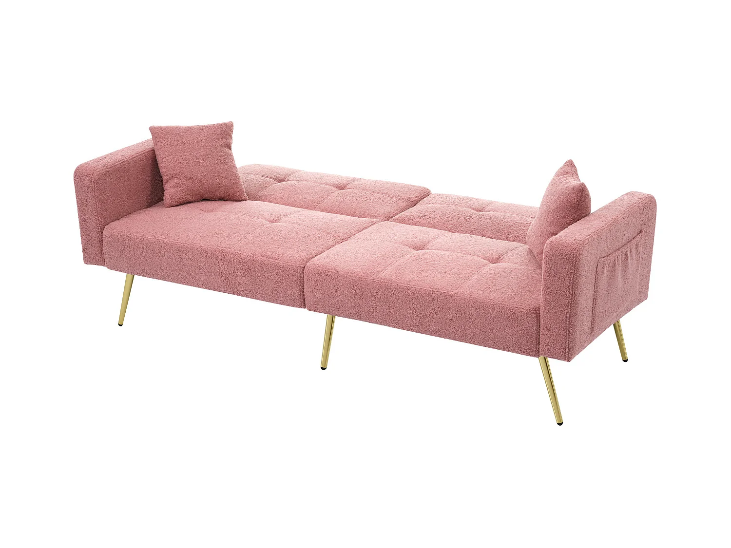 Canapé 2 places, peluche rose, avec dossier rembourré réglable, pieds dorés