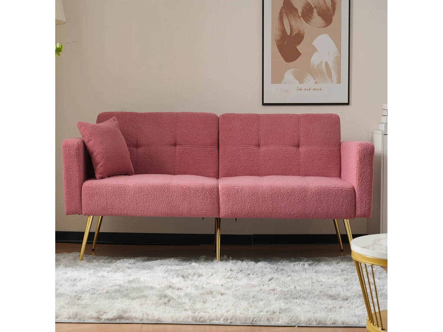 Canapé 2 places, peluche rose, avec dossier rembourré réglable, pieds dorés