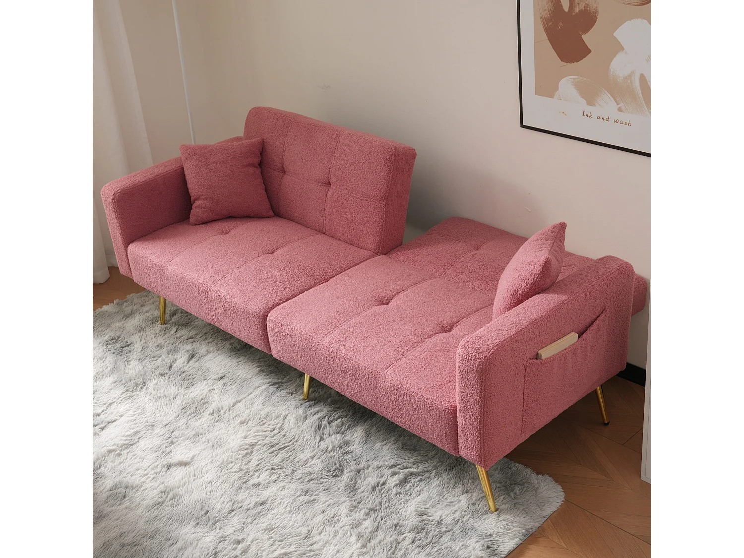 Canapé 2 places, peluche rose, avec dossier rembourré réglable, pieds dorés