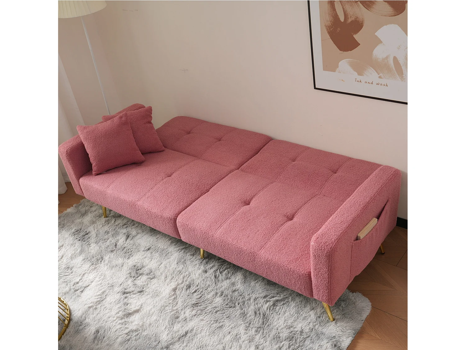 Canapé 2 places, peluche rose, avec dossier rembourré réglable, pieds dorés