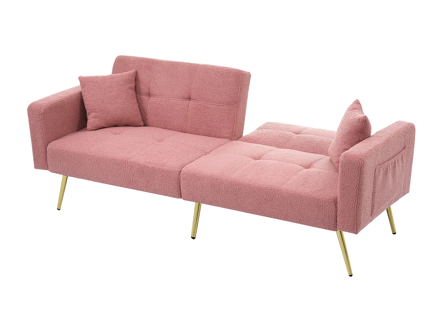 Canapé 2 places, peluche rose, avec dossier rembourré réglable, pieds dorés