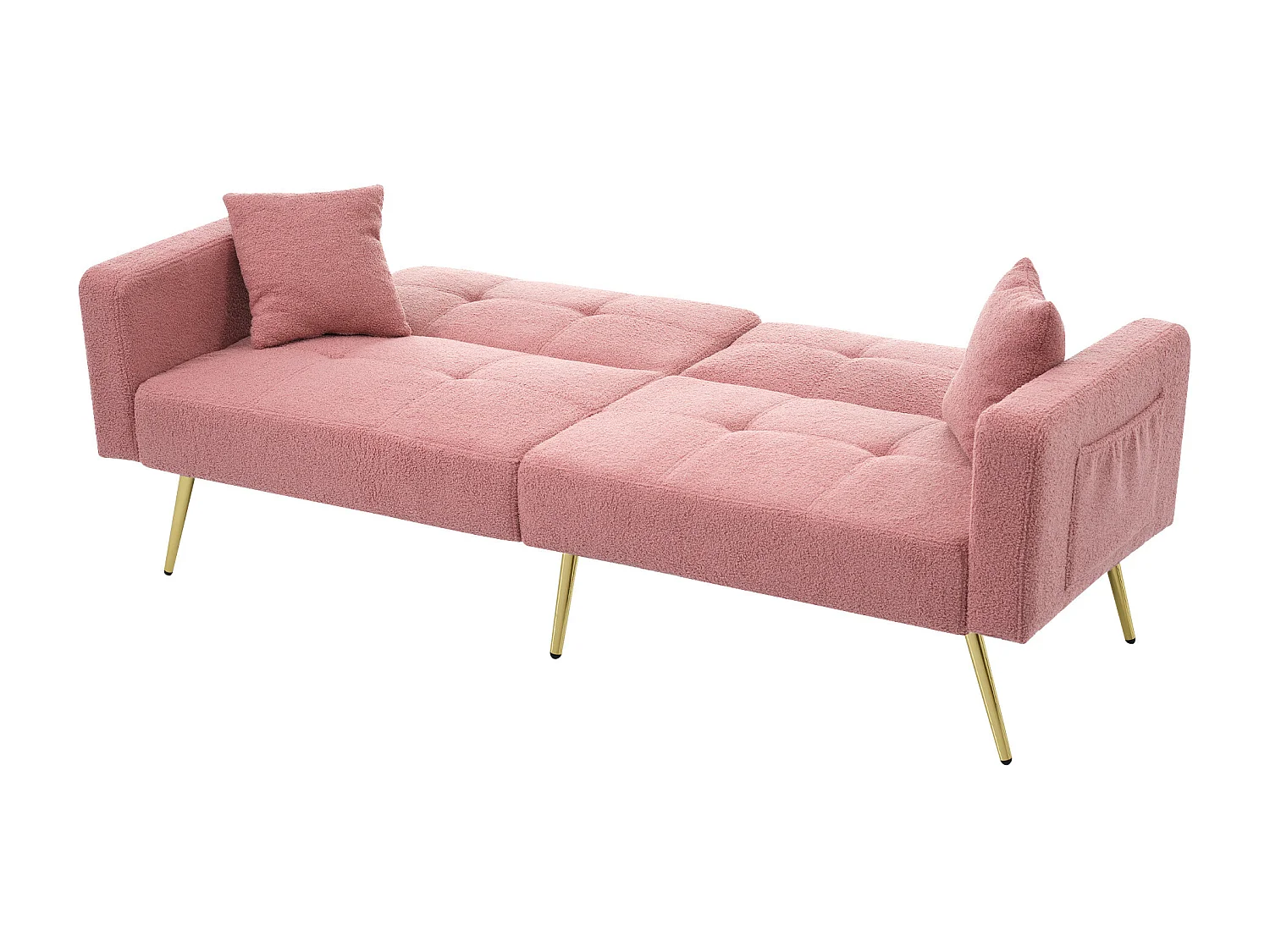 Canapé 2 places, peluche rose, avec dossier rembourré réglable, pieds dorés