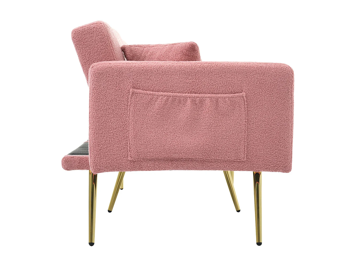 Canapé 2 places, peluche rose, avec dossier rembourré réglable, pieds dorés