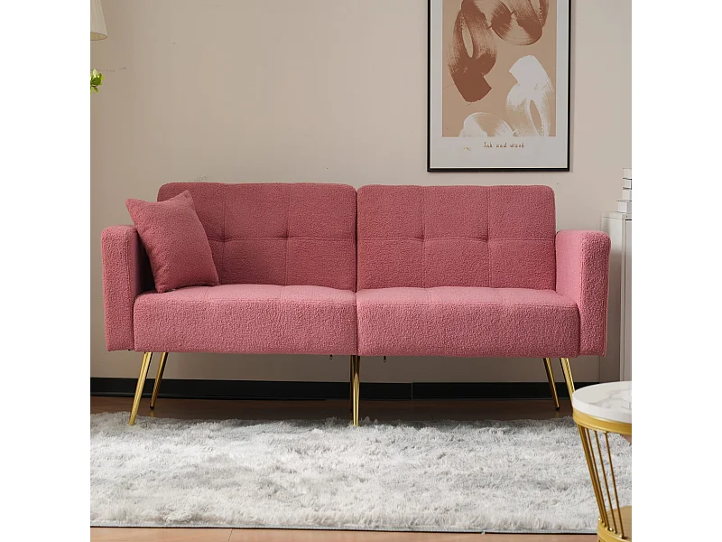 Sofá de salón, sofá de dos plazas de felpa rosa con respaldo acolchado ajustable y patas doradas