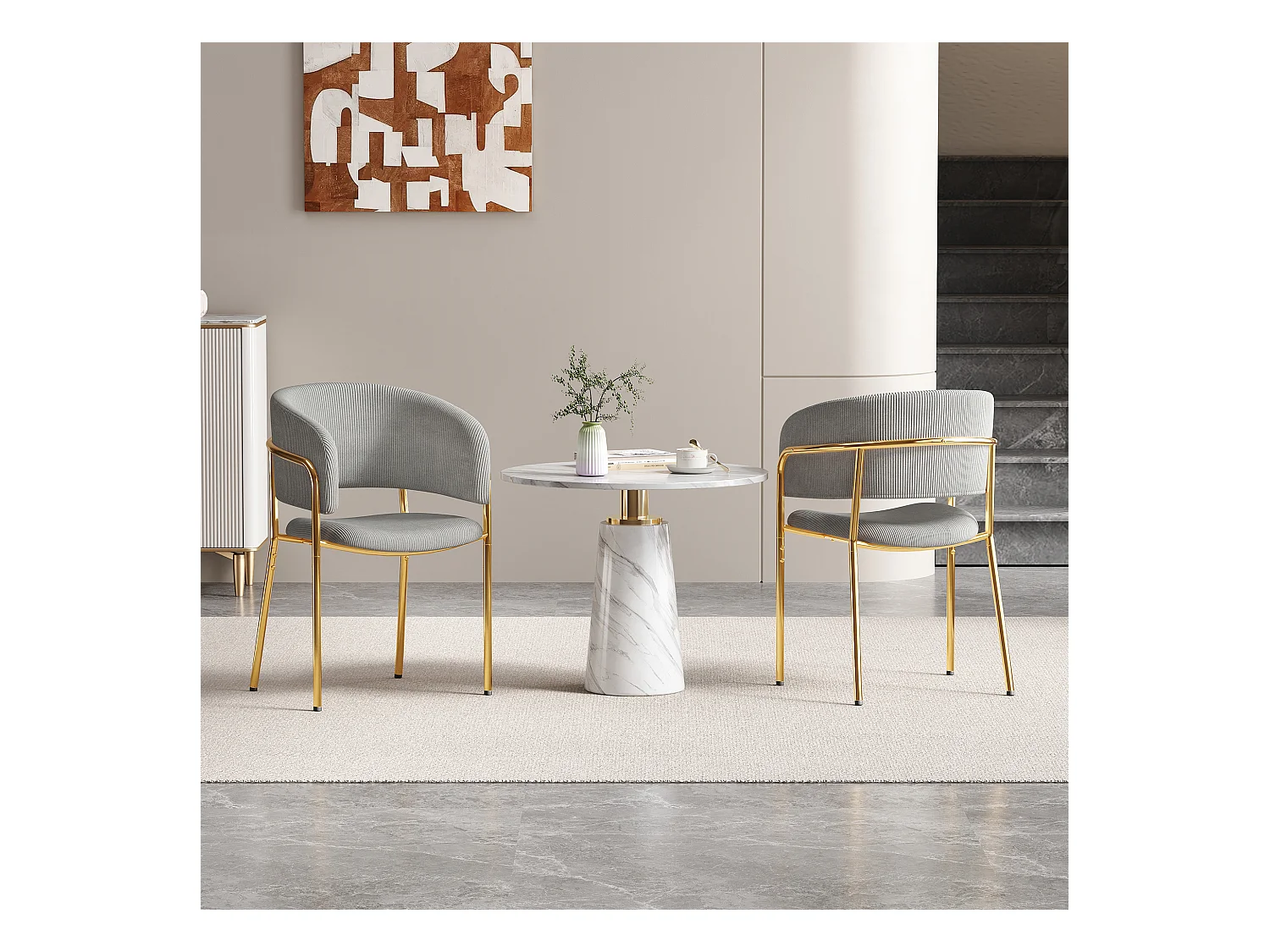 Lot de 2 chaises, velours côtelé gris, chaise avec dossier rembourré et pieds dorés, pour salon et salle à manger