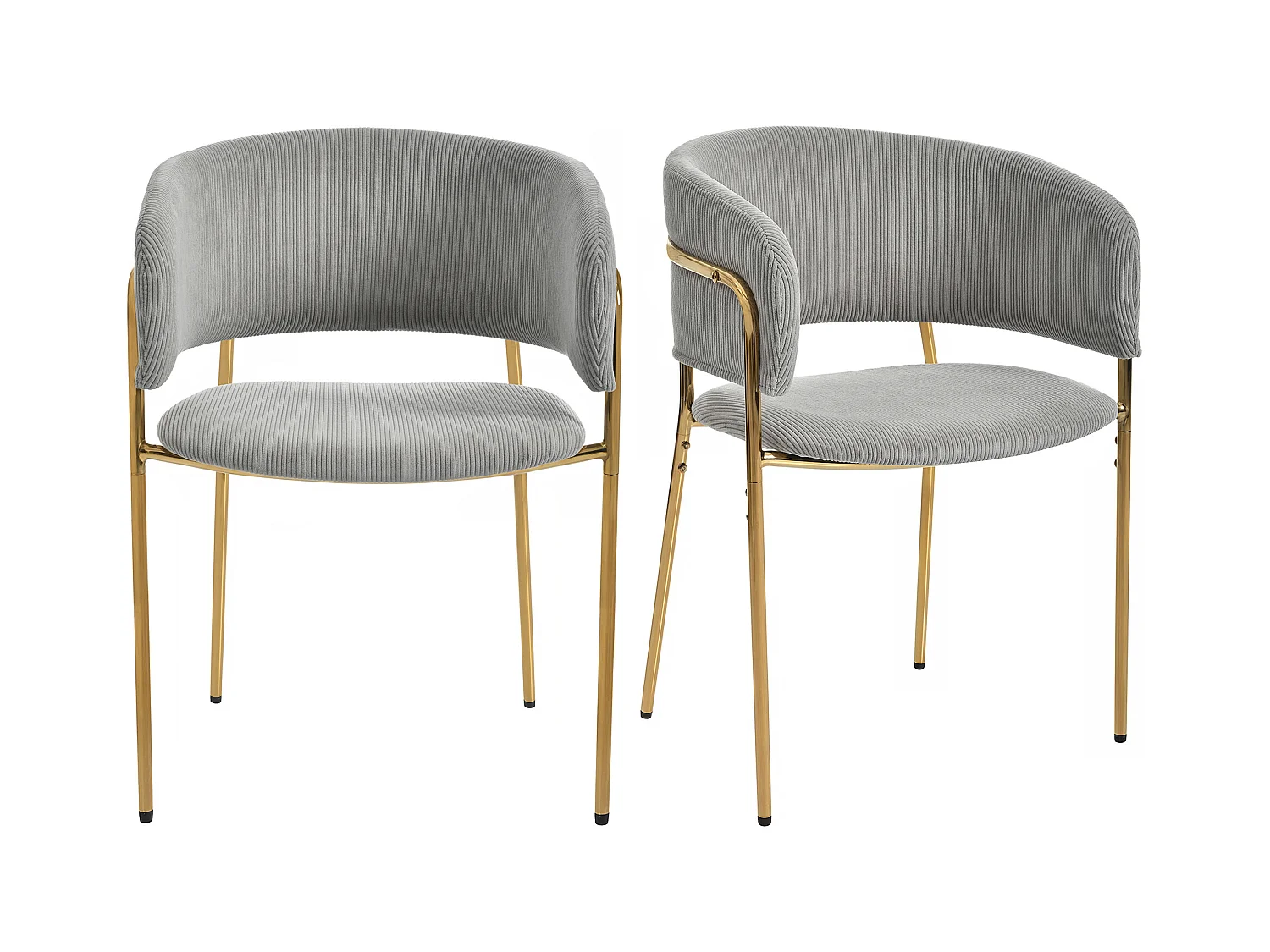 Lot de 2 chaises, velours côtelé gris, chaise avec dossier rembourré et pieds dorés, pour salon et salle à manger