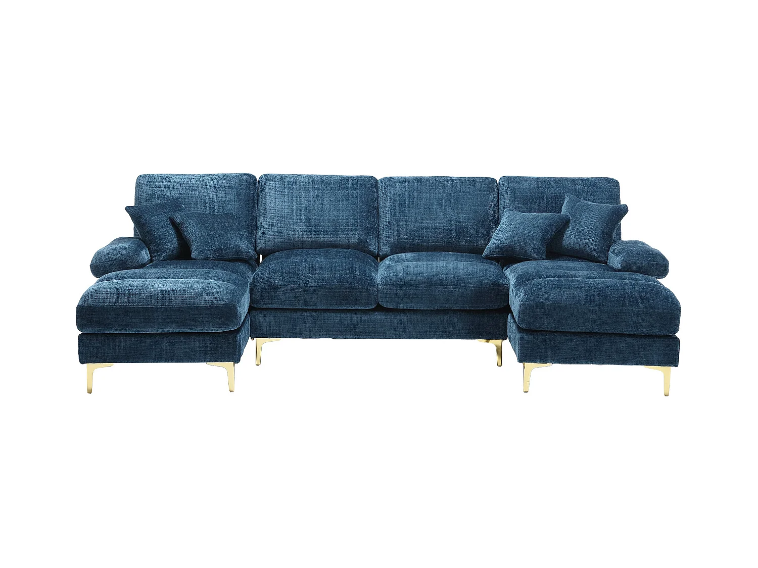 Niebieska sofa w kształcie litery U z szenili, tapicerowana, z poduszkami i poduszkami dekoracyjnymi, do salonu i sypialni