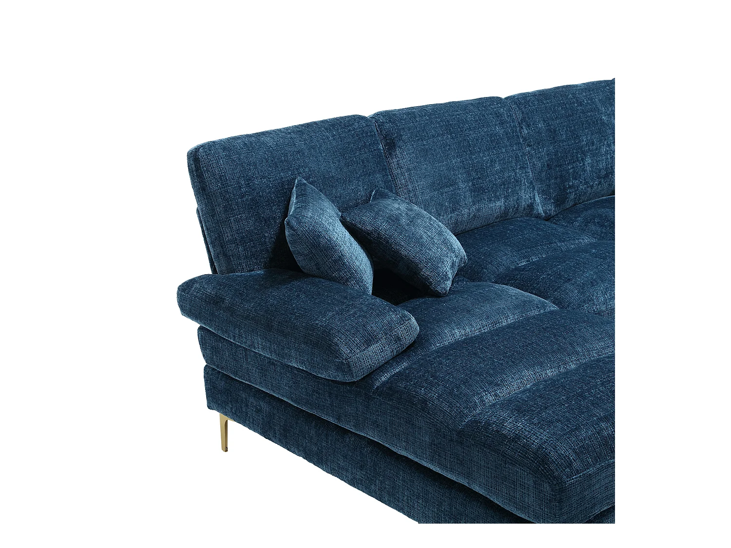 Niebieska sofa w kształcie litery U z szenili, tapicerowana, z poduszkami i poduszkami dekoracyjnymi, do salonu i sypialni