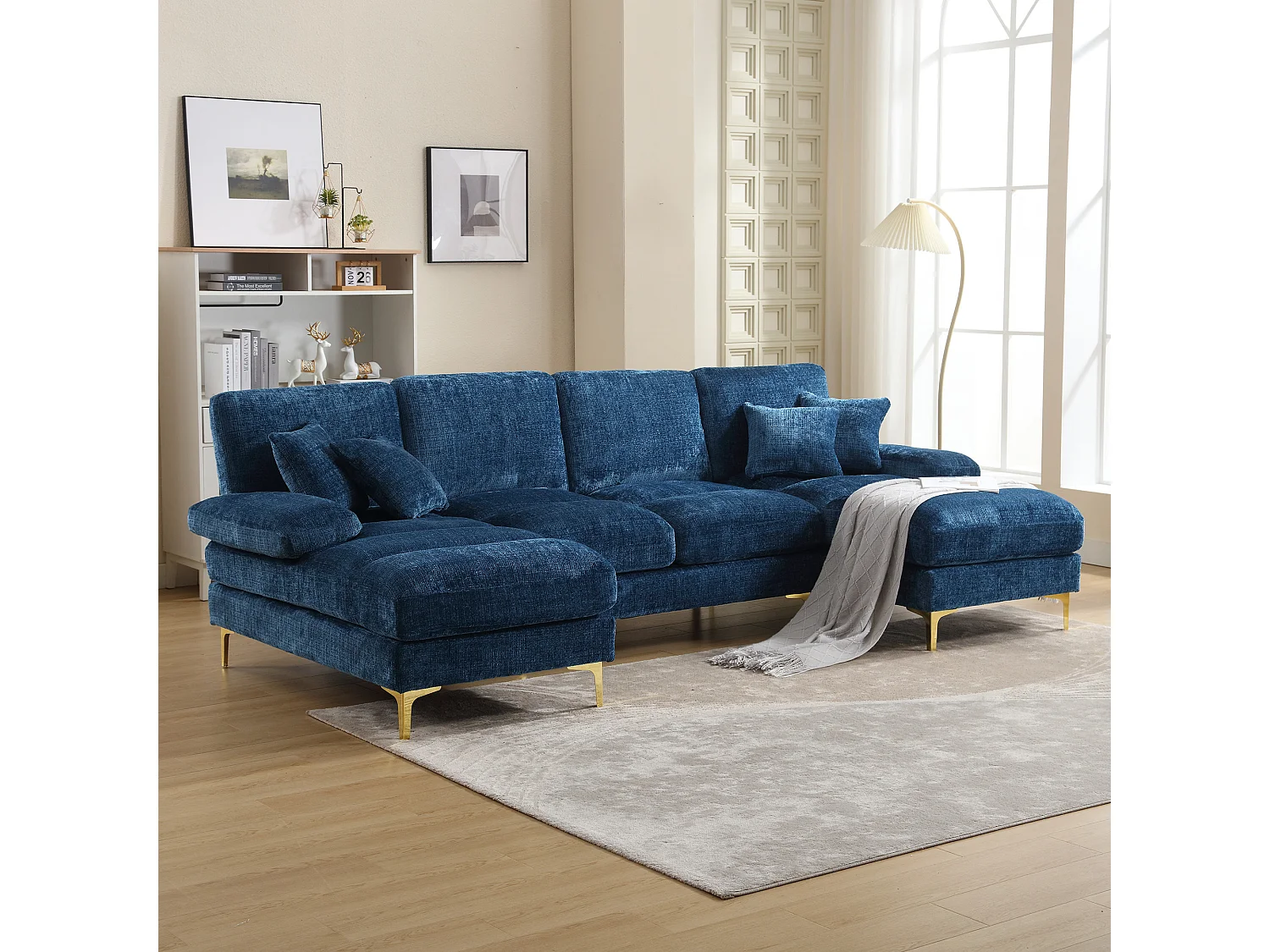 Blaues Chenille-U-Sofa, gepolstertes Sofa mit Kissen und Zierkissen, für Wohn- und Schlafzimmer
