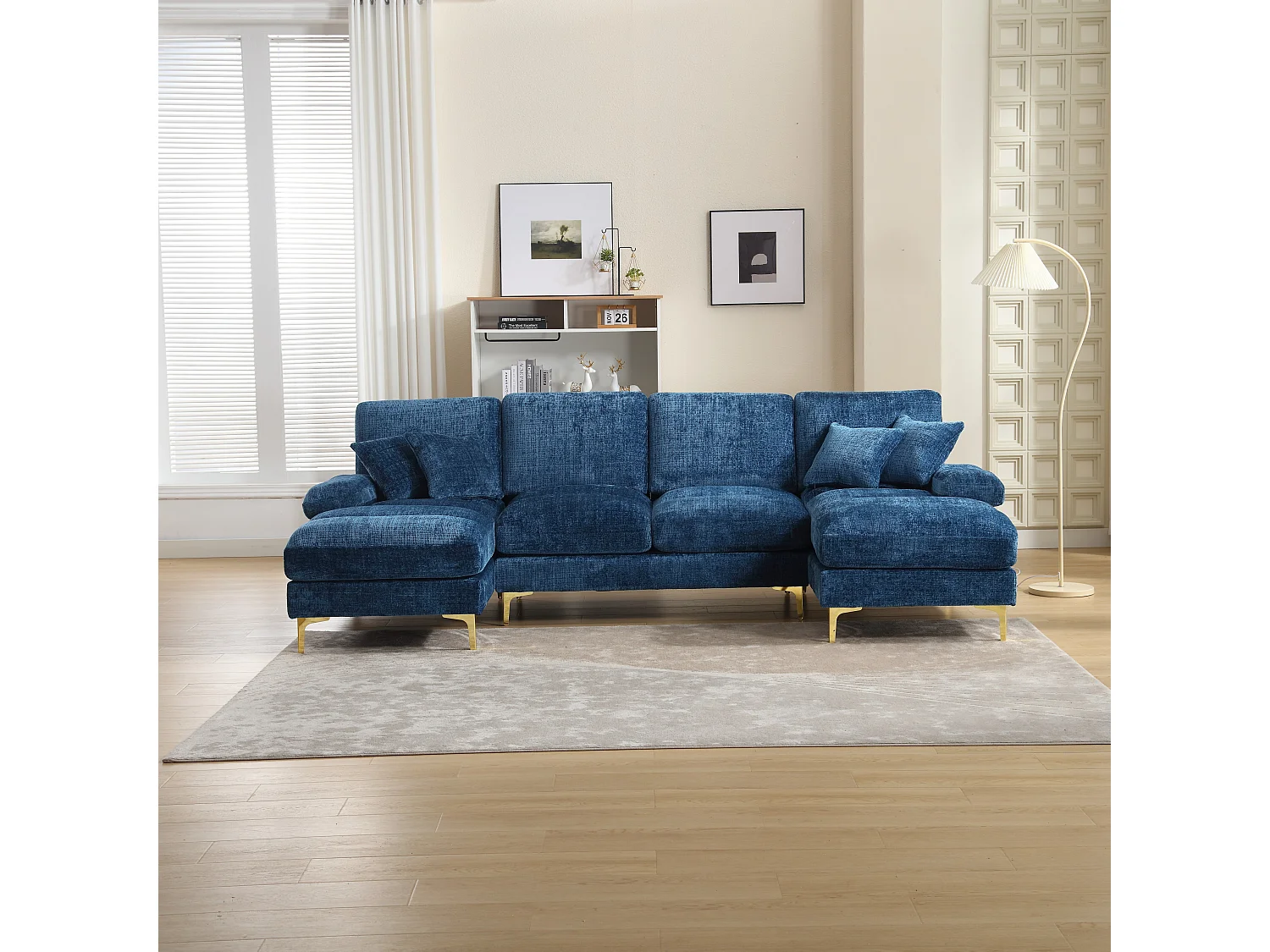 Blaues Chenille-U-Sofa, gepolstertes Sofa mit Kissen und Zierkissen, für Wohn- und Schlafzimmer