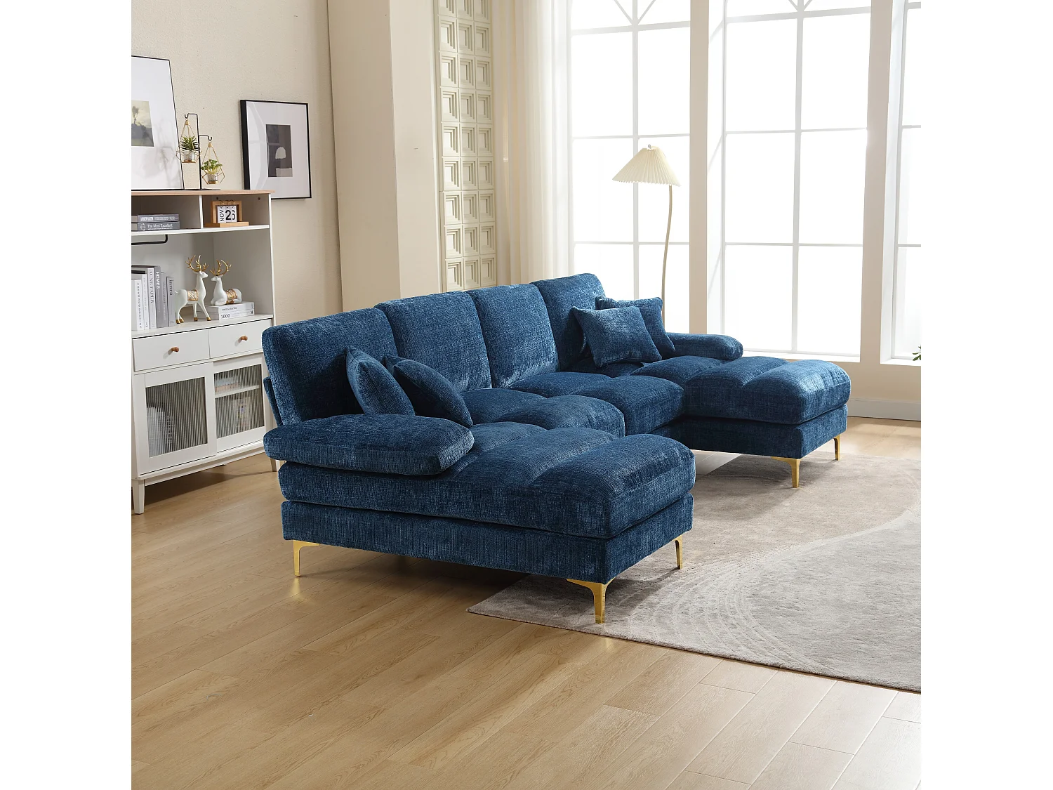 Blaues Chenille-U-Sofa, gepolstertes Sofa mit Kissen und Zierkissen, für Wohn- und Schlafzimmer