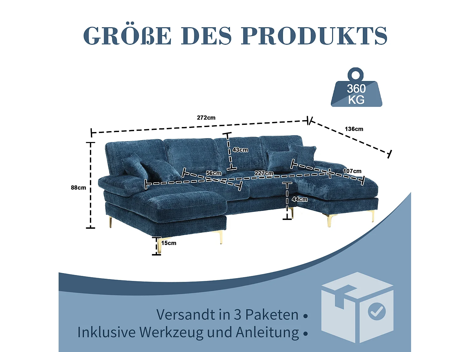 Blaues Chenille-U-Sofa, gepolstertes Sofa mit Kissen und Zierkissen, für Wohn- und Schlafzimmer
