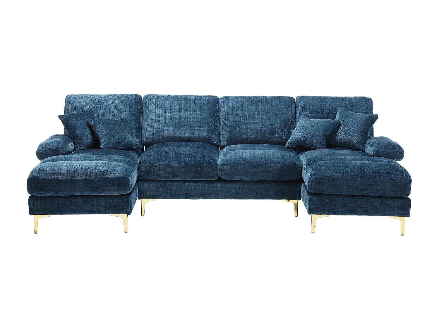 Blaues Chenille-U-Sofa, gepolstertes Sofa mit Kissen und Zierkissen, für Wohn- und Schlafzimmer